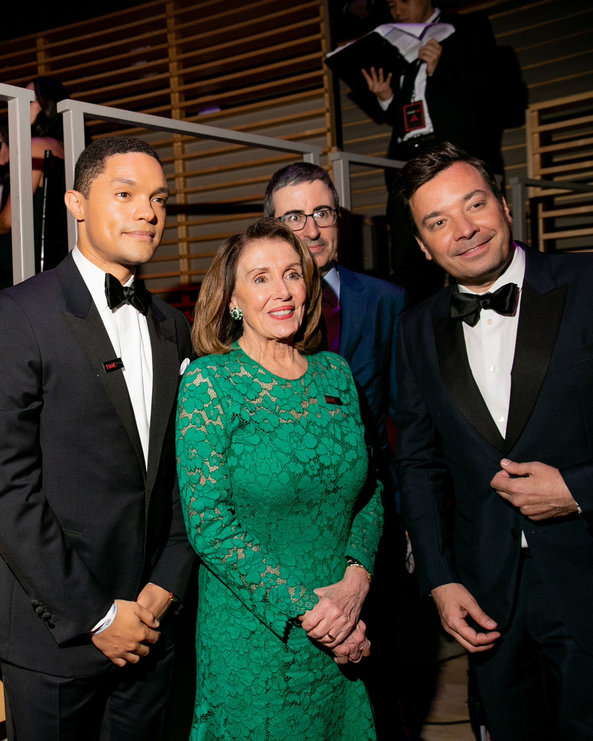 Trevor Noah, Nancy Pelosi, John Oliver and Jimmy Fallon at the Time 100 Gala at Jazz at Lincoln Center in New York City on April 23, 2019. (Kevin Tachman for TIME)
