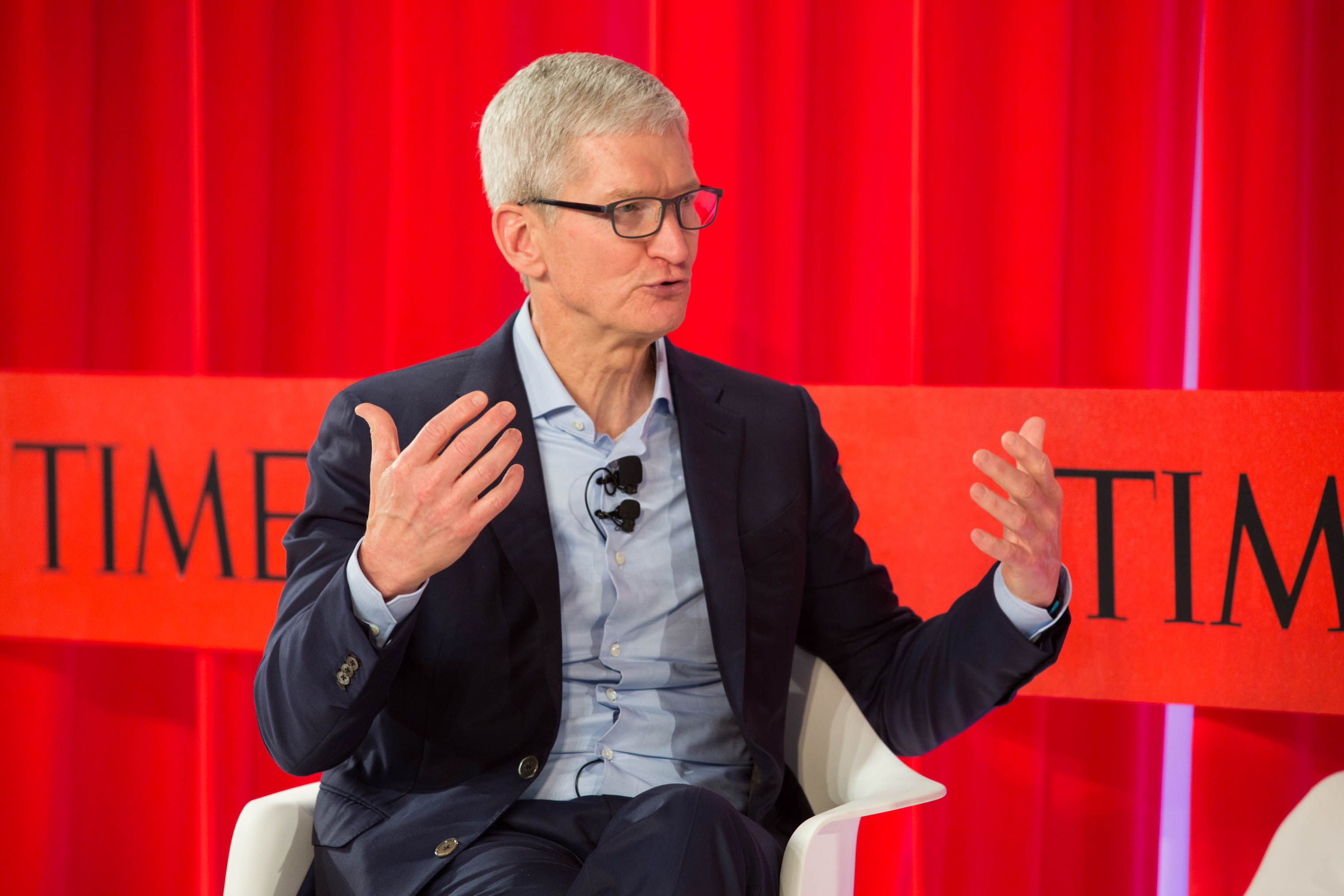 CEO of Apple Inc. Tim Cook speaks during a panel on Innovating with Purpose at the TIME100 Summit in New York, on April 23, 2019.