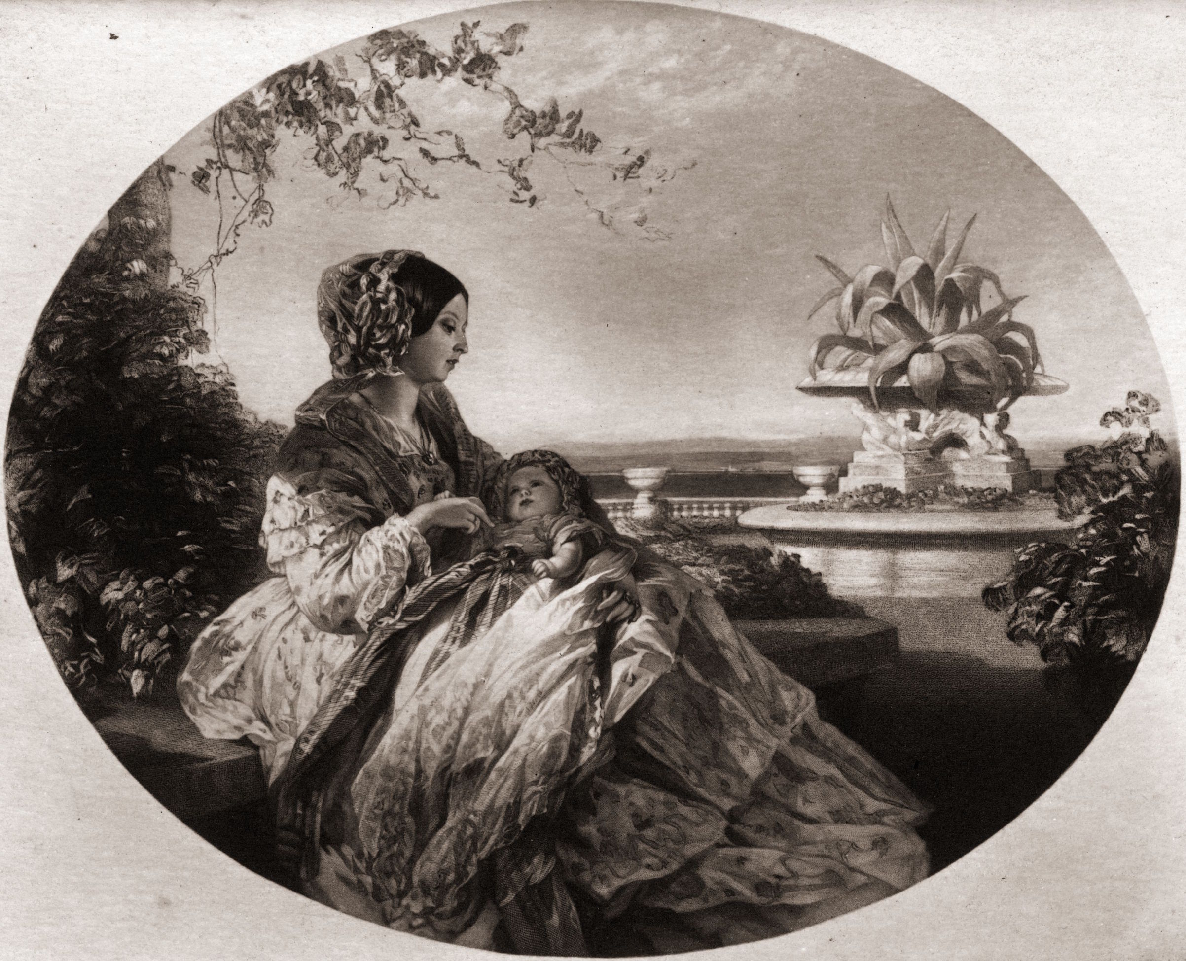 1852: Queen Victoria (1819 - 1901) with her third son Arthur William, Duke of Connaught (1850 - 1942), later Field Marshal Connaught. An engraving after Winterhalter. (Rischgitz/Getty Images)