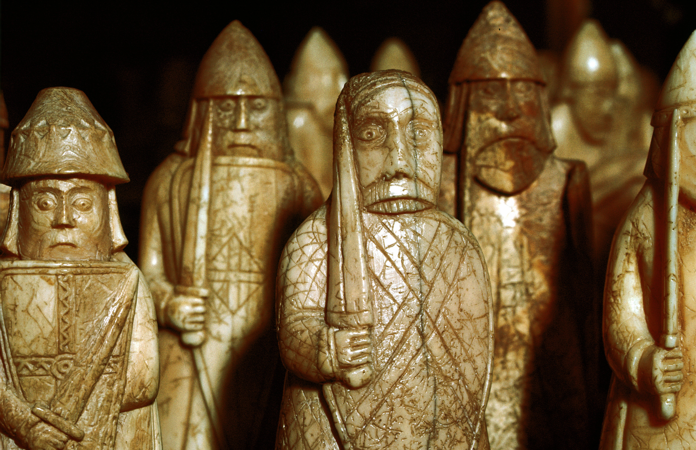 Norse chessmen, from a Viking hoard, Isle of Lewis, Scotland. (Print Collector/Getty Images)