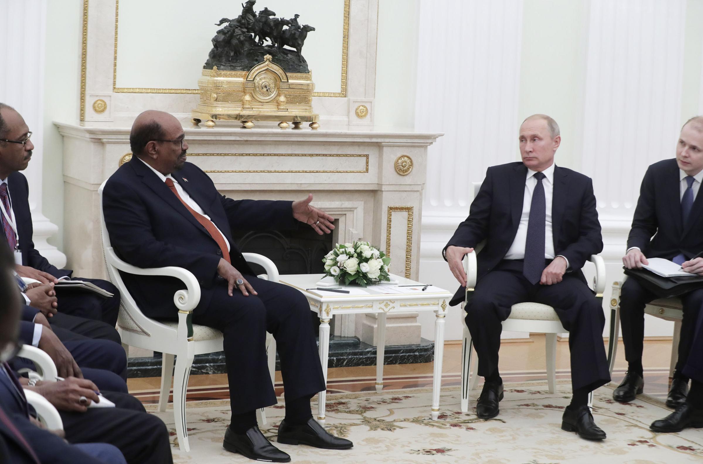 Putin, right, with Sudan’s Omar al-Bashir in Moscow in July 2018. Sudan has welcomed a number of Russian ventures from military aid to political consulting