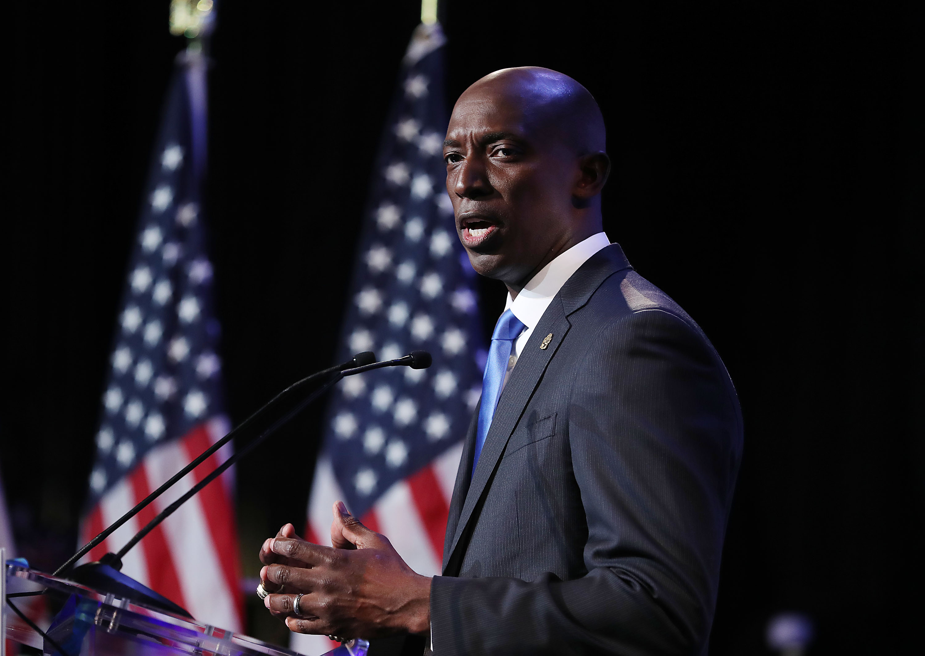 Miramar, Florida Mayor Wayne Messam speaks at a rally at Florida Memorial University in Miami Gardens, Florida. The Democrat mayor announced his candidacy for president at the rally. (Joe Raedle—Getty Images)