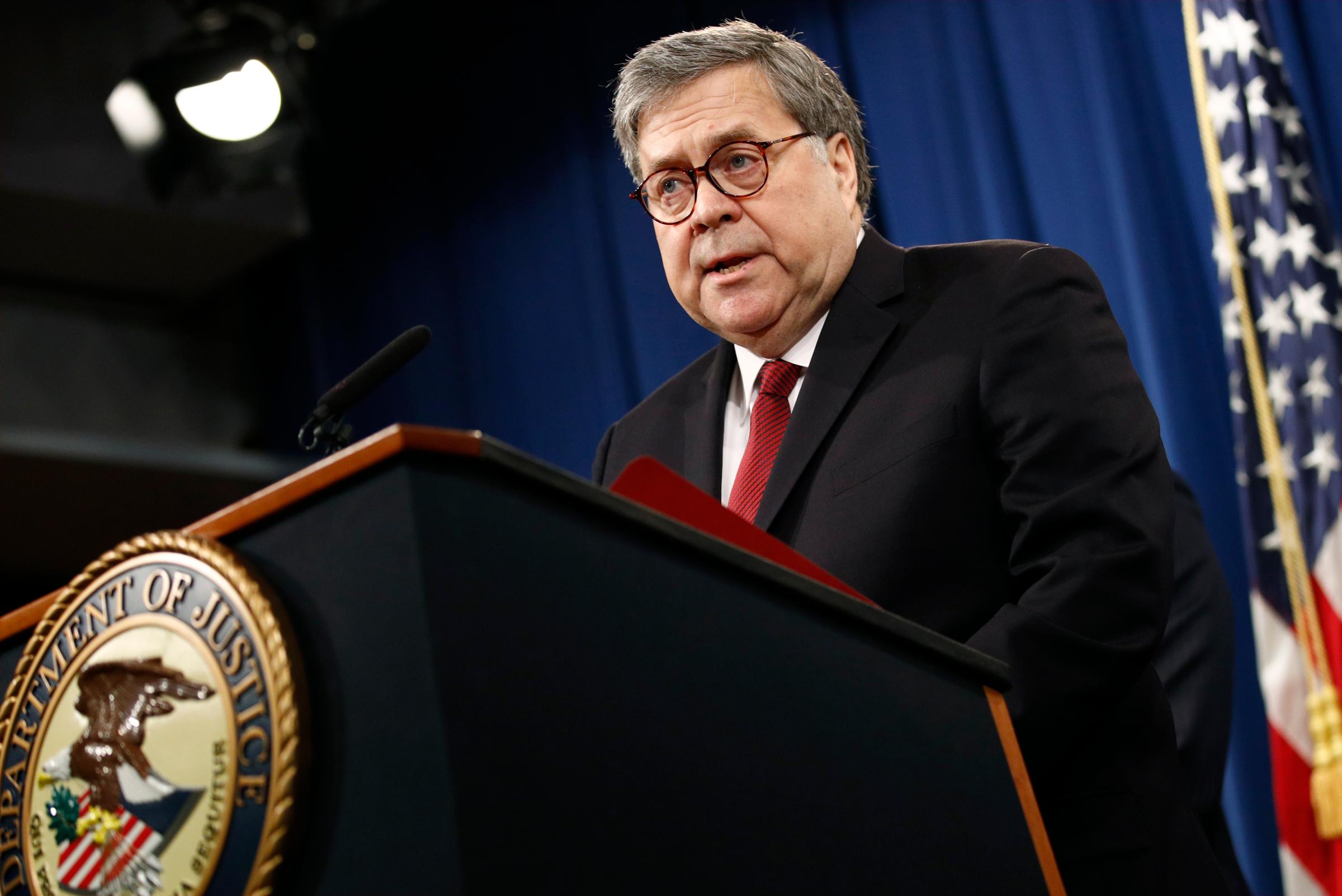Attorney General William Barr speaks about the release of a redacted version of special counsel Robert Mueller's report during a news conference,