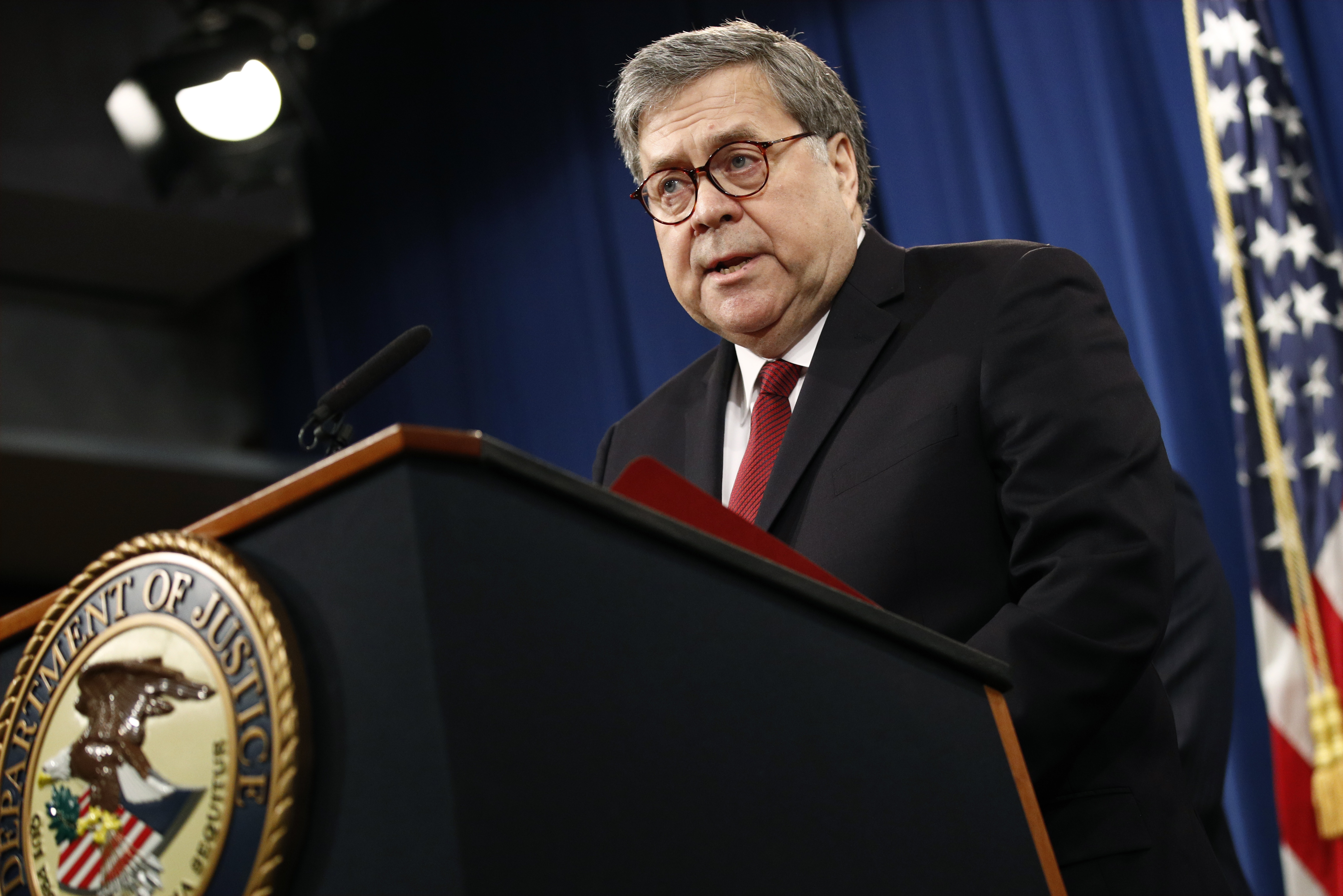 Attorney General William Barr speaks about the release of a redacted version of special counsel Robert Mueller's report during a news conference, Thursday, April 18, 2019, at the Department of Justice in Washington. (Patrick Semansky—AP)