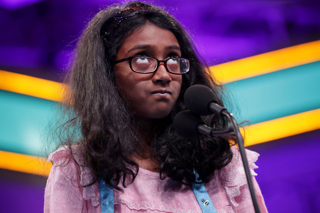 Nithika Rangan of Sacramento, California, correctly spells the word 'jonquil,' which is a type of flower, during the second round of the Scripps National Spelling Bee at the Gaylord National Resort &amp; Convention Center May 28, 2019 in National Harbor, Maryland. (Chip Somodevilla—Getty Images)