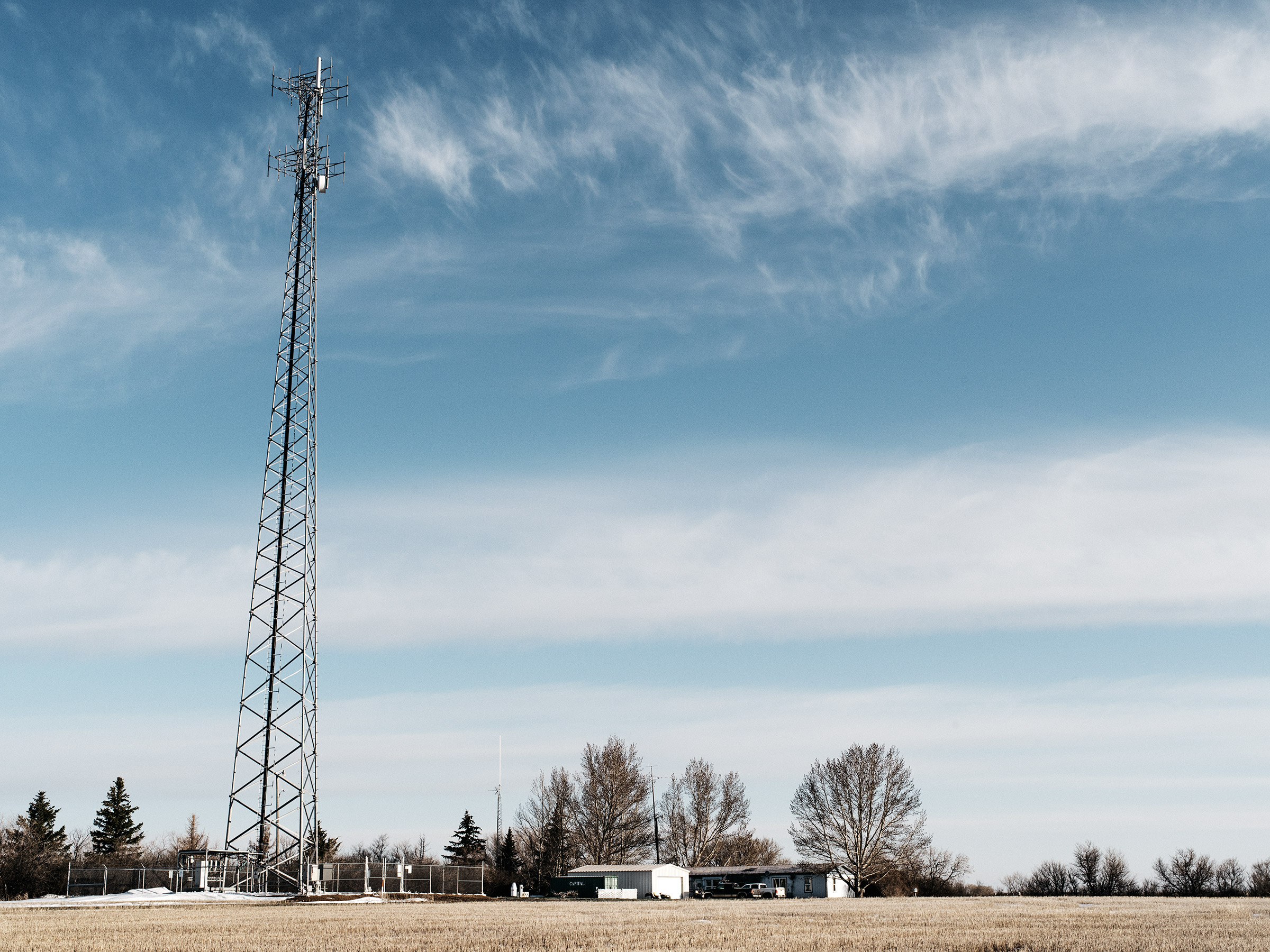 The tower built by Nemont in Honrud’s yard in rural Montana. The remote property relies on Huawei technology for all its cell service (Benjamin Rasmussen for TIME)