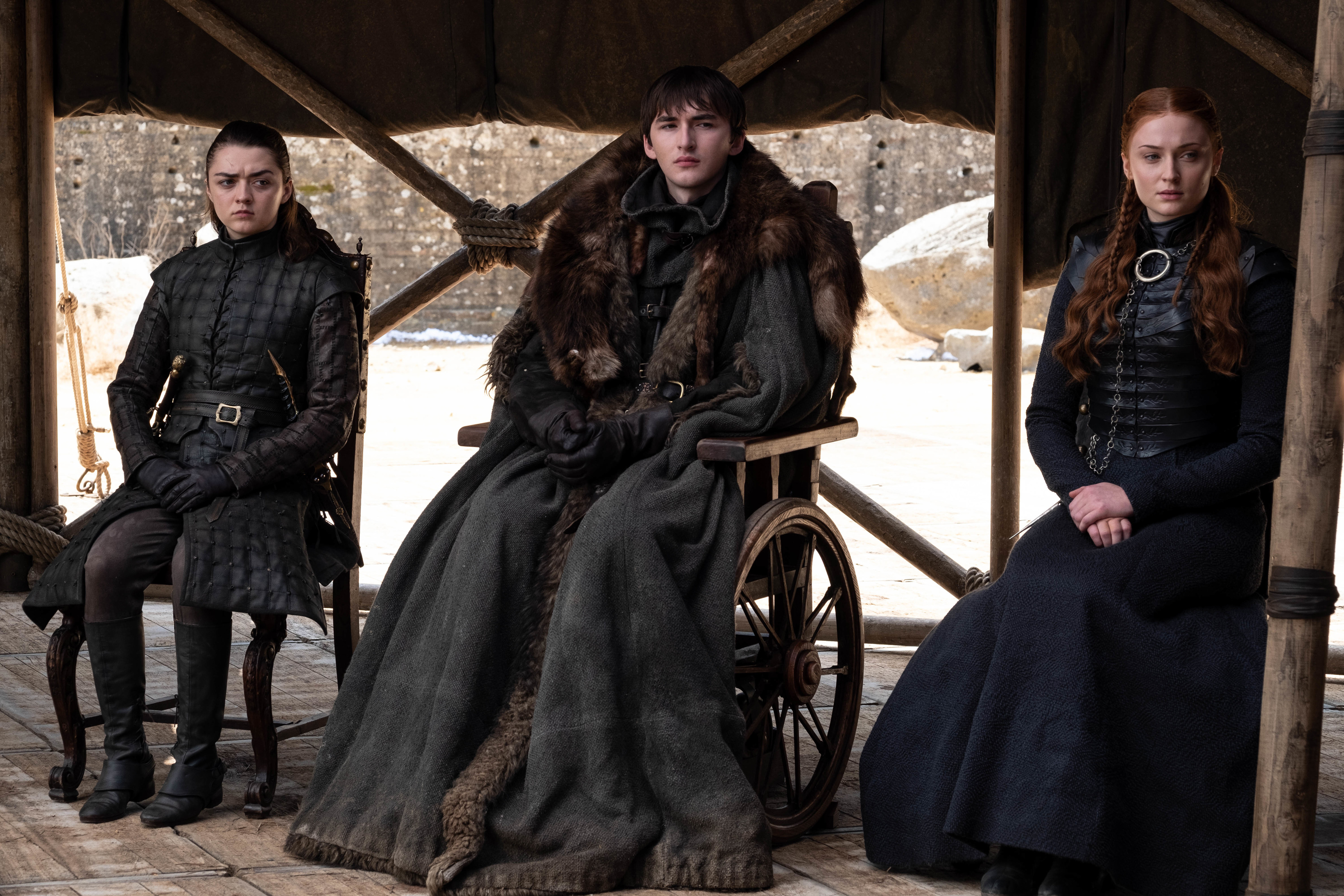 Maisie Williams as Arya Stark, Isaac Hempstead Wright as Bran Stark and Sophie Turner as Sansa Stark in the series finale of <i>Game of Thrones</i>. (Isaac Hempstead Wright as Bran Stark in the series finale of <i>Game of Thrones</i>.)