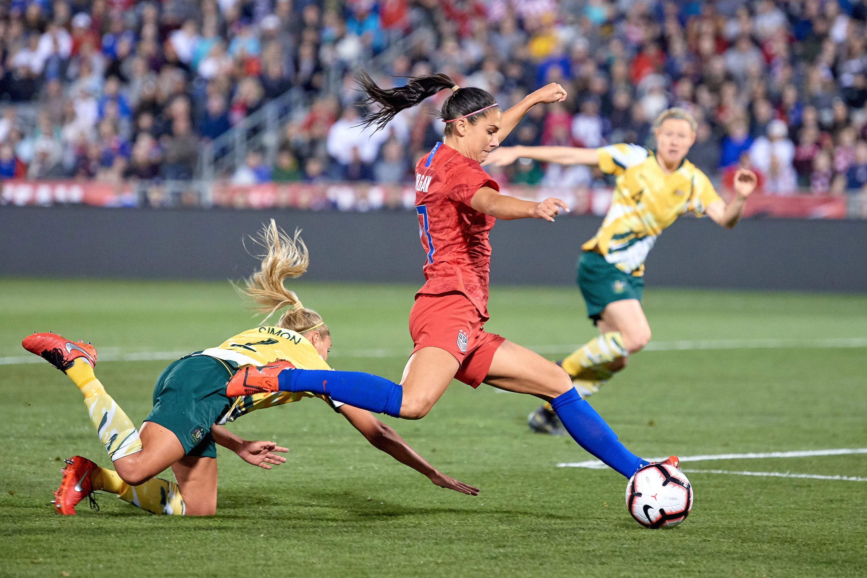 Morgan, during the game in which she scored her 100th career international goal this past April. (Getty Images)