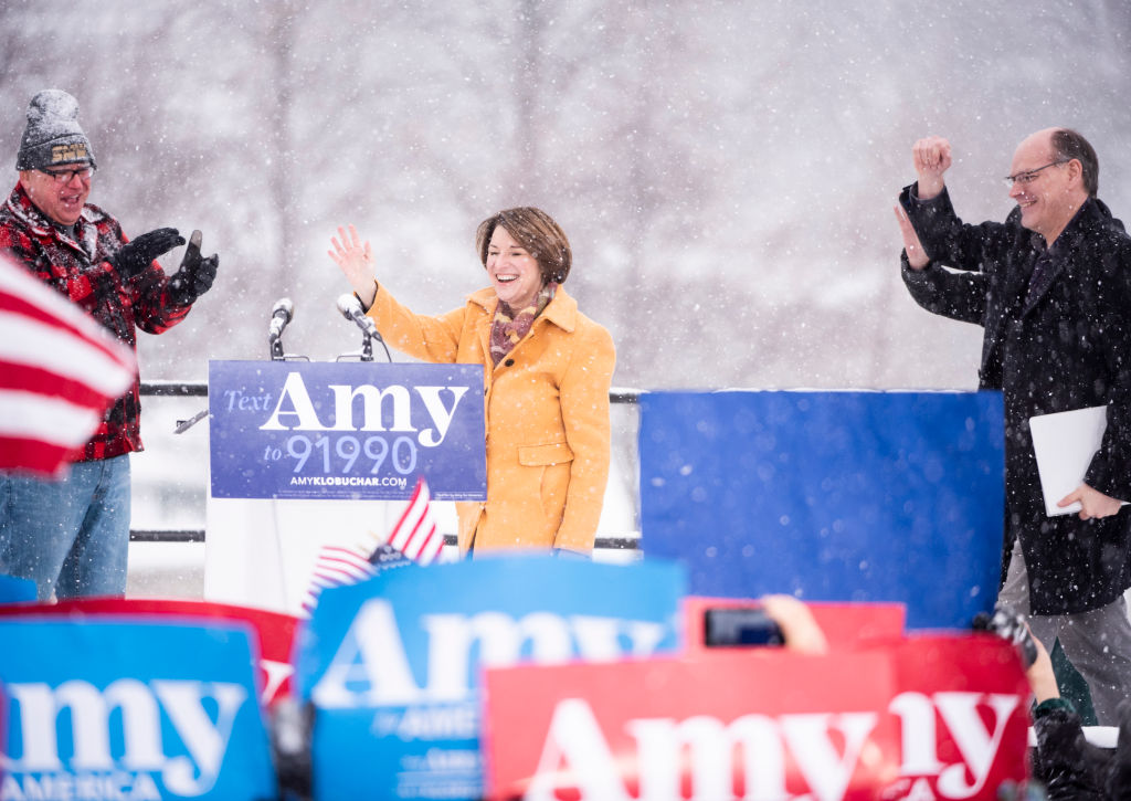 Sen. Amy Klobuchar (D-MN) takes the stage to announce her presidential bid in front of a crowd gathered at Boom Island Park on February 10, 2019 in Minneapolis, Minnesota. (Stephen Maturen—Getty Images)
