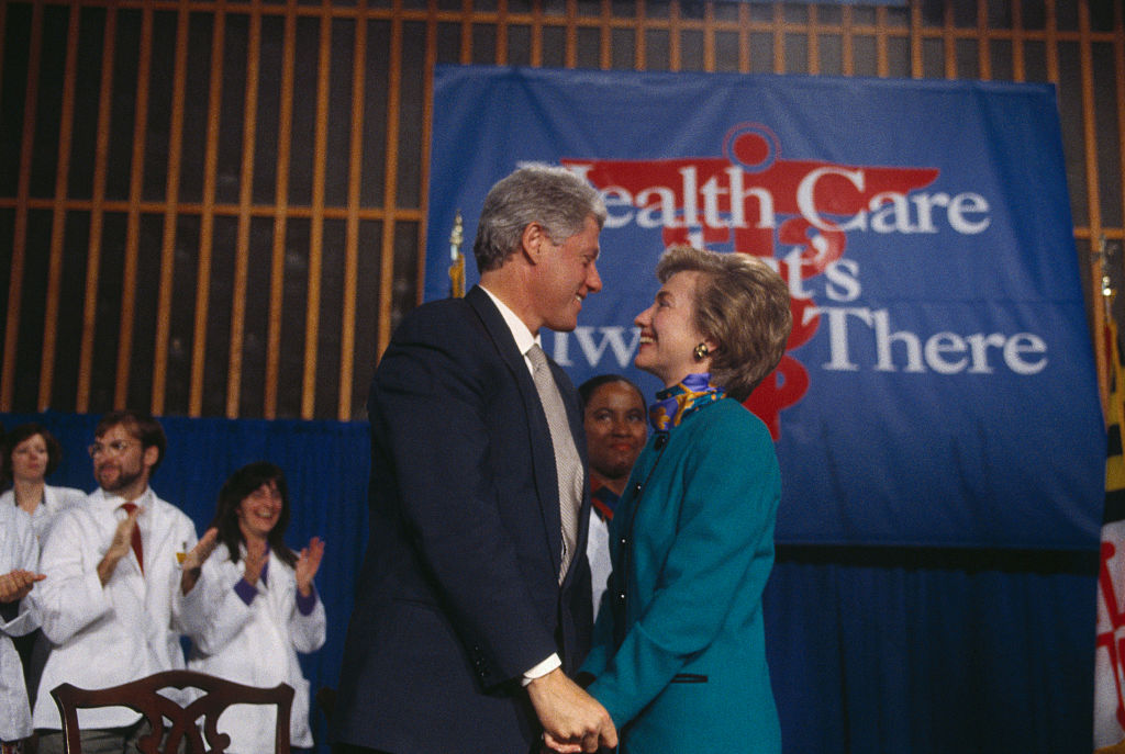 President Bill and First Lady Hillary Clinton strike a pose at an event promoting their proposed national health care plan. (Wally McNamee—Corbis via Getty Images)