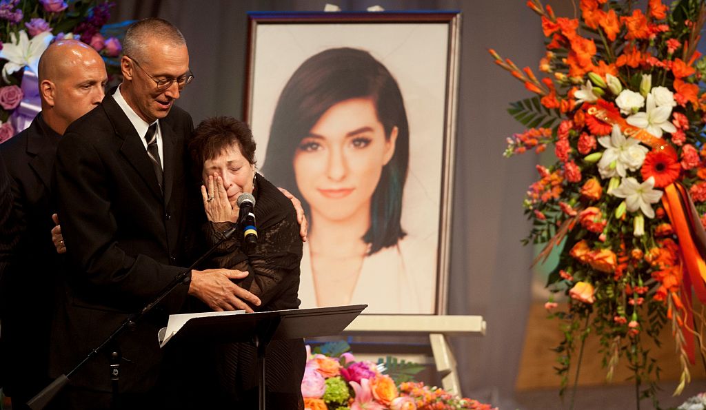 Christina Grimmie's parents Bud and Tina speak at her memorial service on June 17, 2016 in Medford, New Jersey. (Pool&mdash;Getty Images)