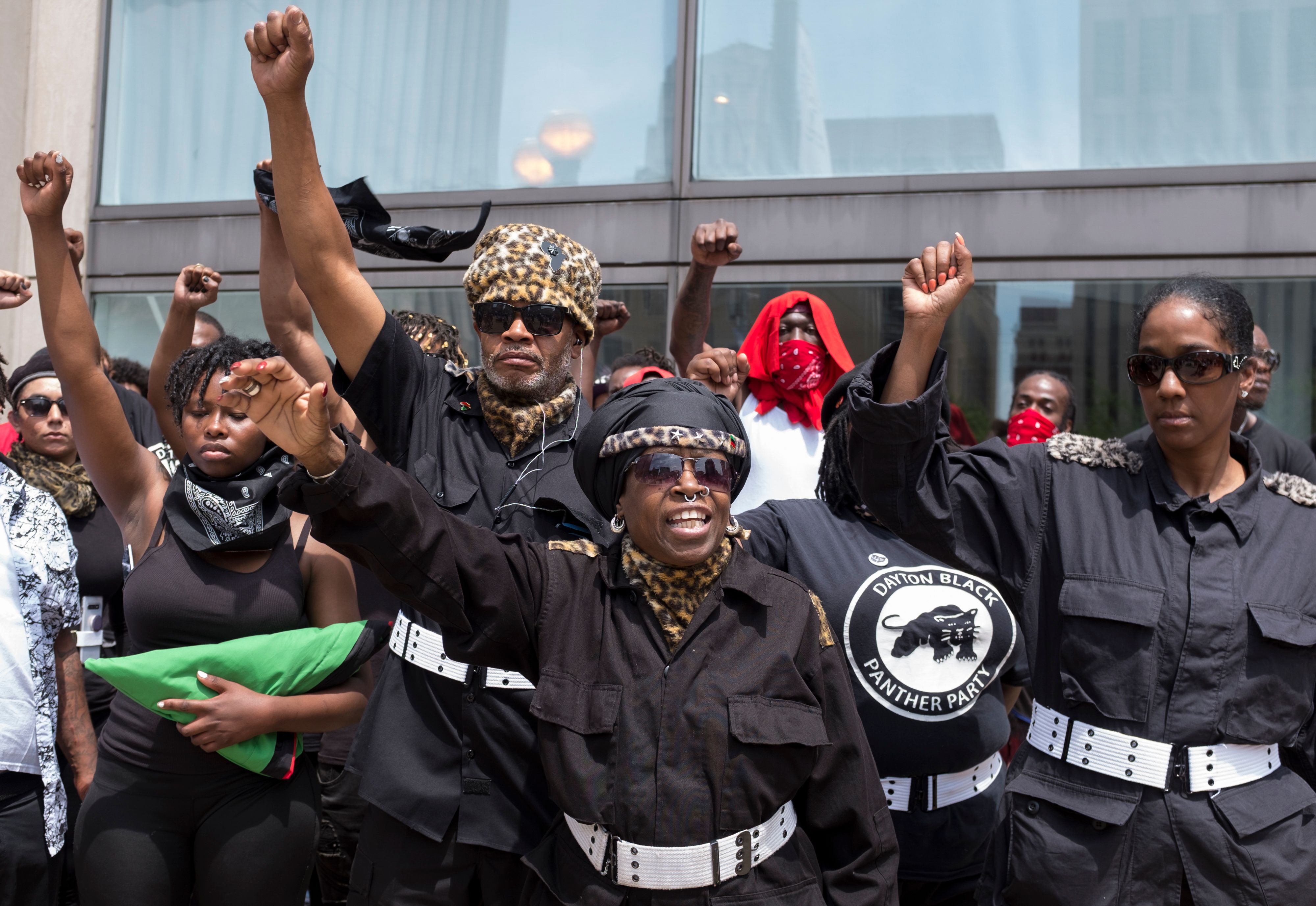 The Dayton chapter of the Black Panthers protest against a small group from a KKK-affiliated group during a rally in Dayton, Ohio, May 25, 2019. (SETH HERALD—AFP/Getty Images)