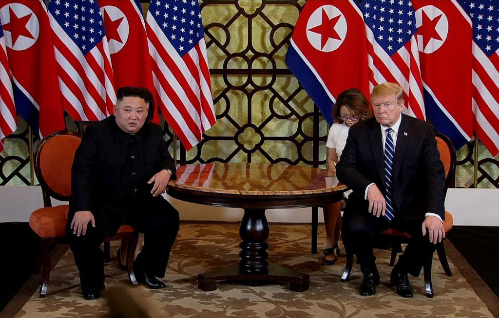 U.S. President Donald Trump (R) and North Korean leader Kim Jong-un (L) during their second summit meeting in Hanoi, Vietnam on Feb. 28, 2019. (Handout&mdash;Getty Images)