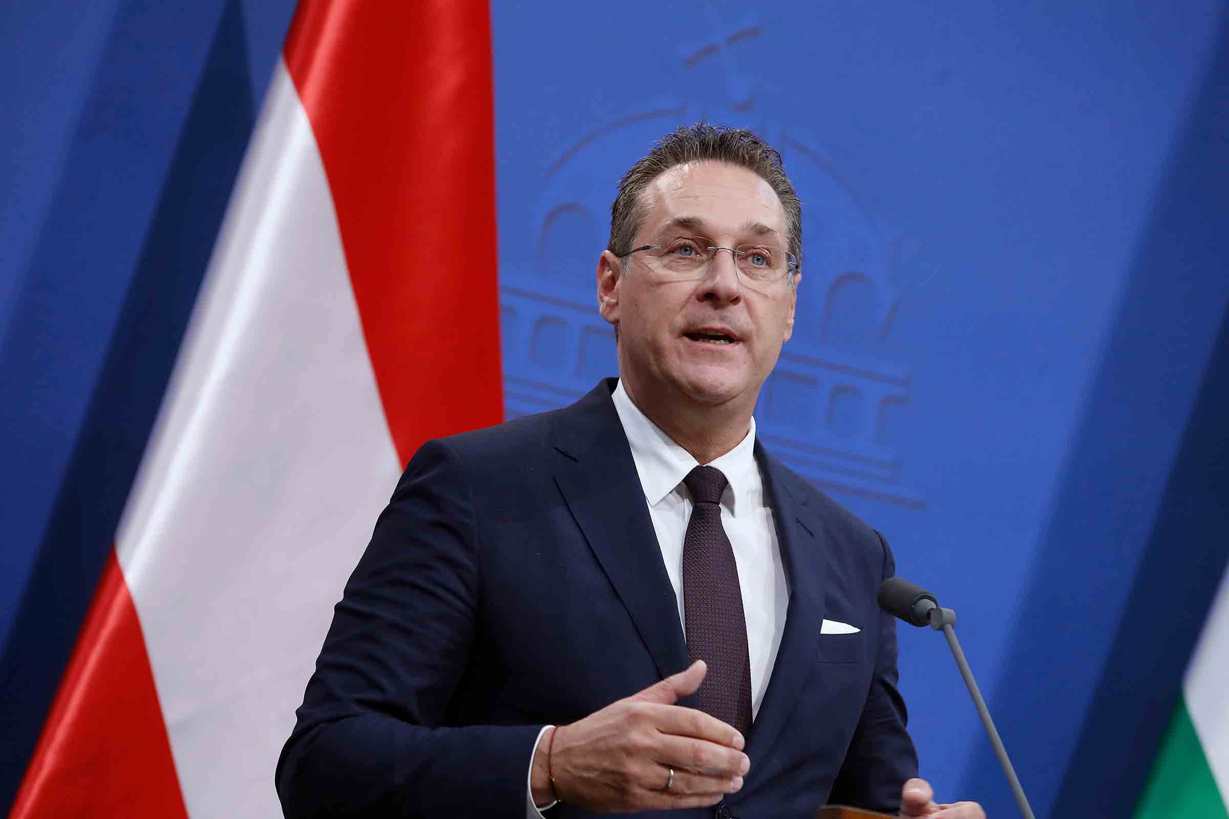 Austrian Vice Chancellor Heinz Christian Strache speaks during a press conference in Budapest, May 6, 2019.