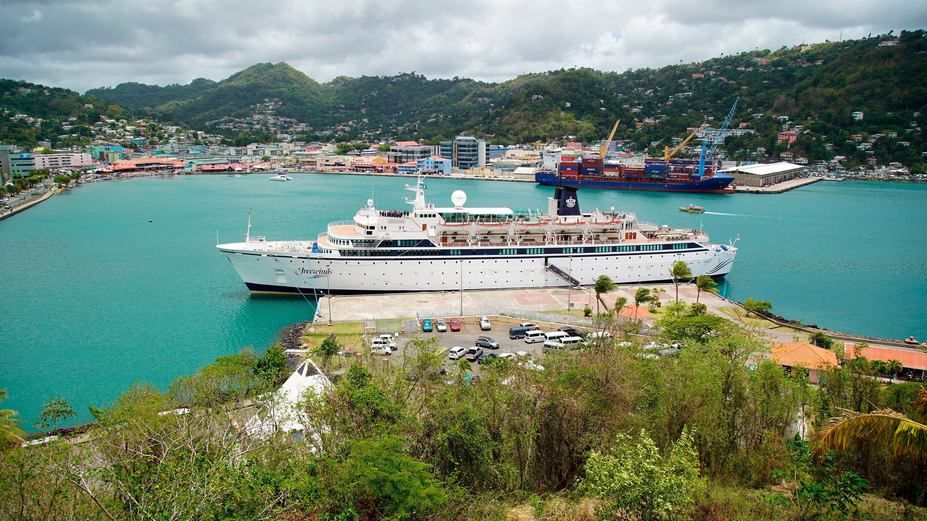 The Freewinds cruise ship is docked in the port of Castries, the capital of St. Lucia on May 2, 2019. Authorities in the eastern Caribbean island have quarantined the ship after discovering a confirmed case of measles aboard. (Bradley Lacan—AP/Shutterstock)