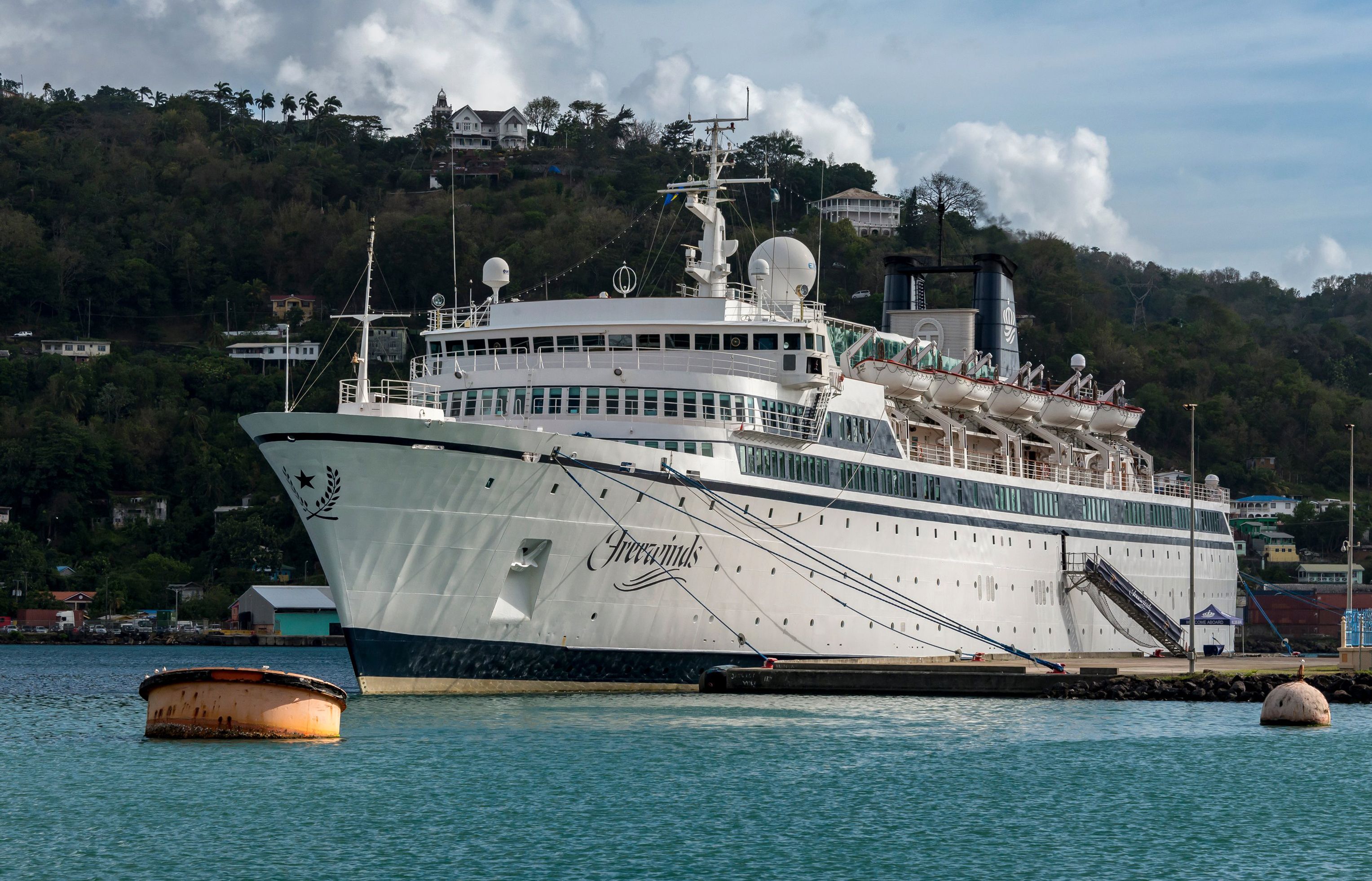 The Freewinds cruise ship owned by the Church of Scientology is seen docked in quarantine at the Point Seraphine terminal in Castries, Saint Lucia, on May 2, 2019, after a measles case was detected onboard. (KIRK ELLIOTT&mdash;AFP/Getty Images)