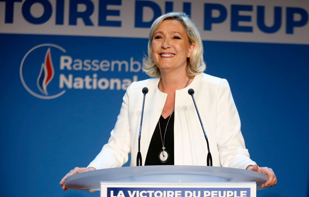 French far-Right National Rally (RN- Rassemblement National) political party leader, Marine Le Pen makes a statement after the projections for the results of the European Parliament elections on May 26, 2019 in Paris, France (Chesnot—Getty Images)