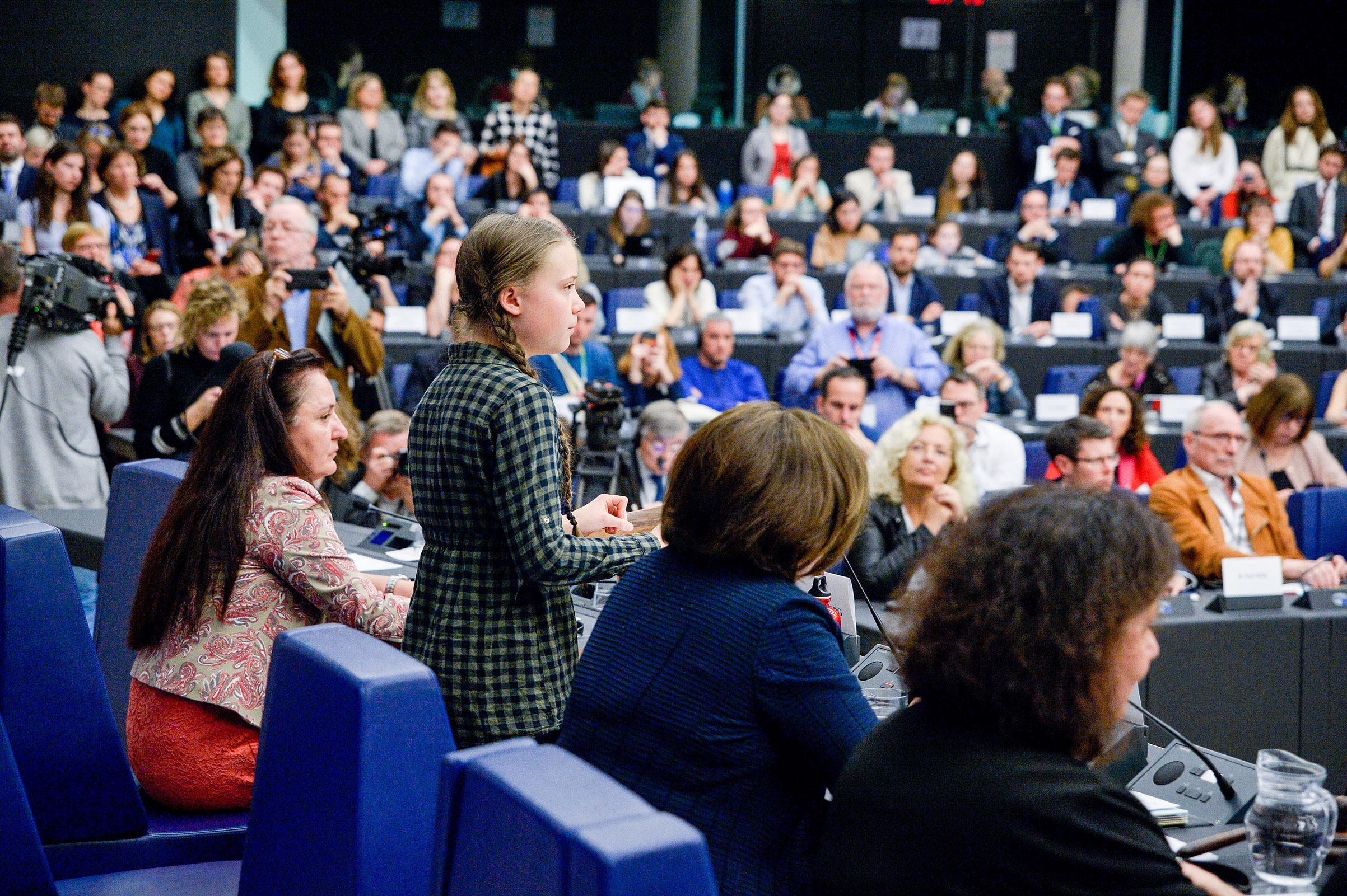Thunberg speaking at the European Parliament in Strasbourg, France on April 16 (Michel Christen—EU-EP/REA/Redux)