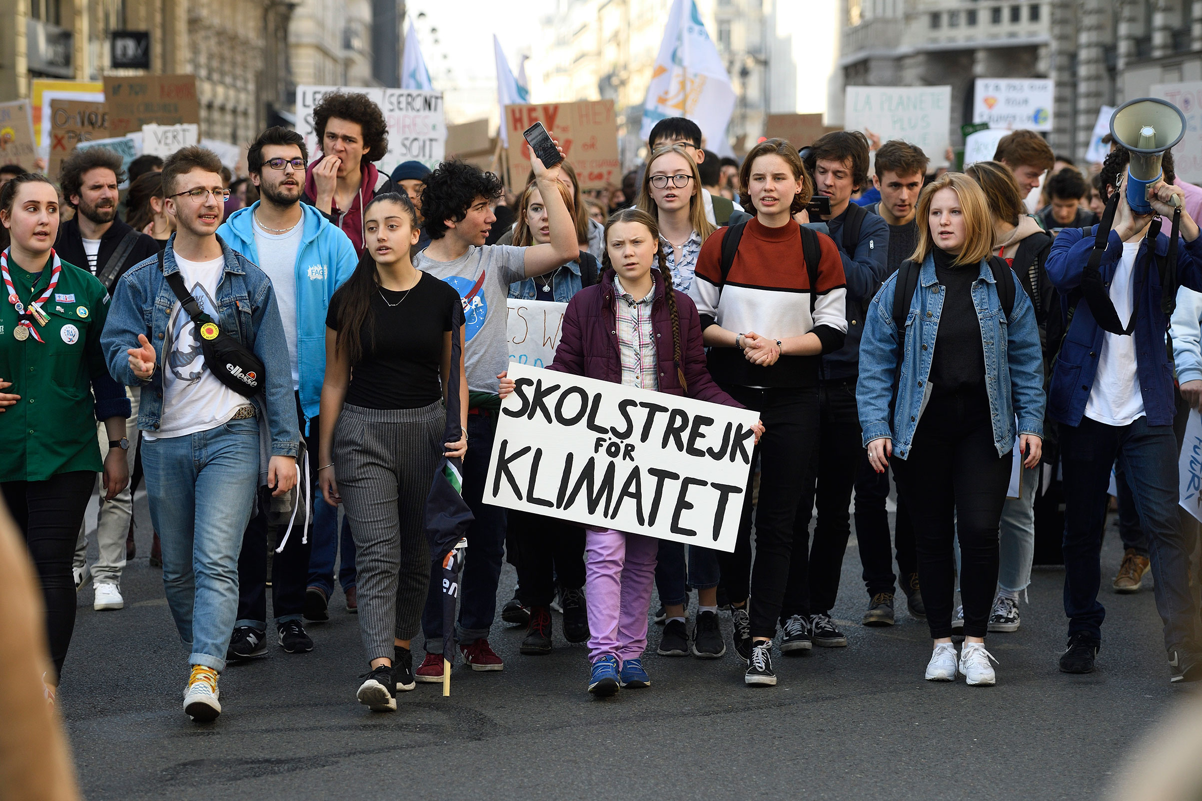 Thunberg joining a school strike in Paris on Feb. 22 (Lionel Preau—Riva Press/Redux)