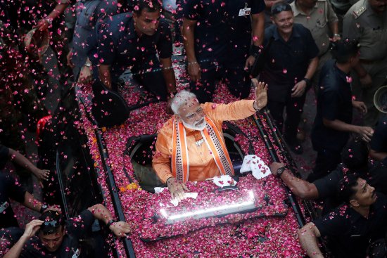 Modi during a road show in Varanasi, in the northern state of Uttar Pradesh, on April 25