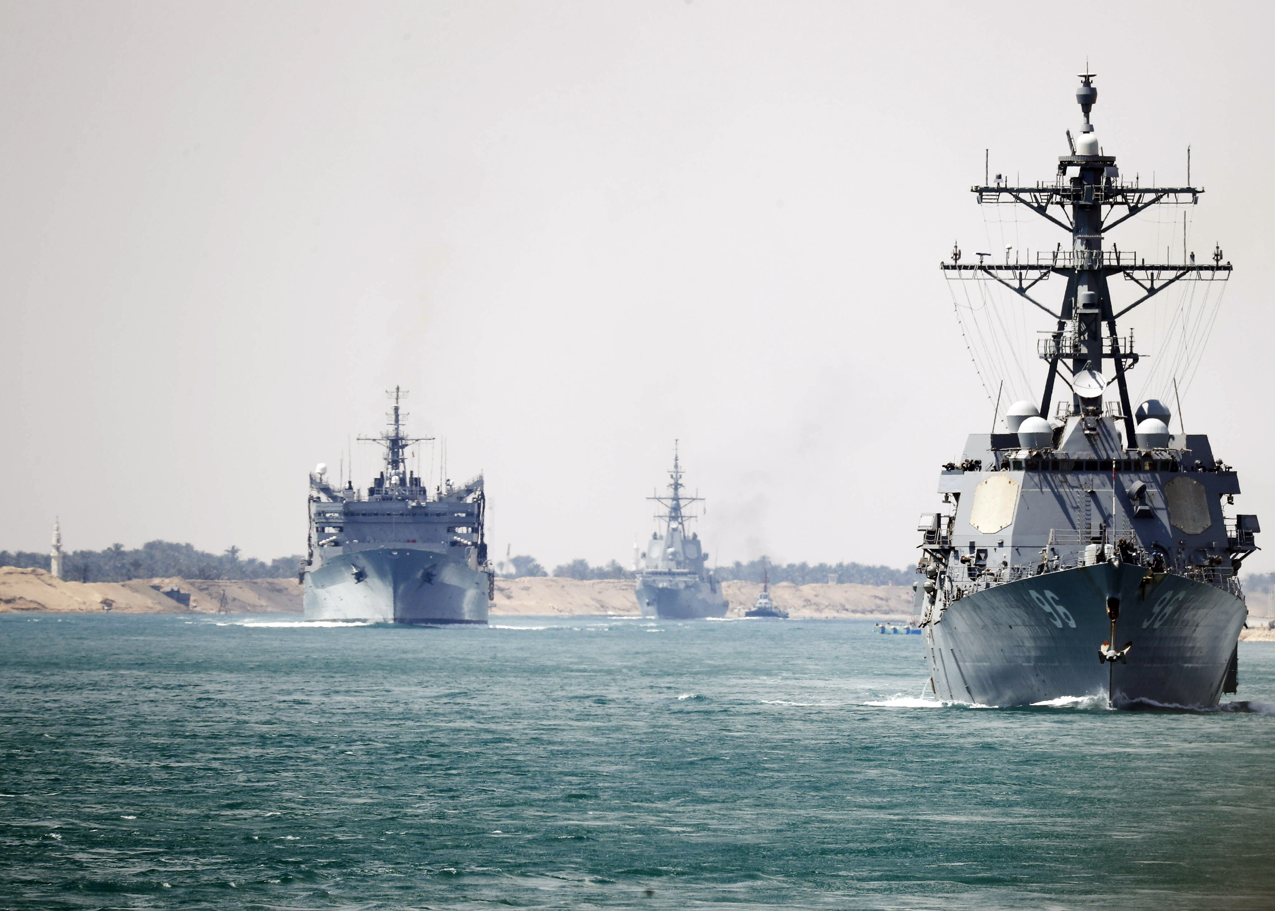 In this photo provided by the U.S. Navy, the Abraham Lincoln Carrier Strike Group transits the Suez Canal, Thursday, May 9, 2019. The Abraham Lincoln Carrier Strike Group is deployed to the U.S. Central Command area of responsibility. With Abraham Lincoln as the flagship, deployed strike group assets include staffs, ships and aircraft of Carrier Strike Group 12, Destroyer Squadron 2, USS Leyte Gulf and Carrier Air Wing 7, as well as the Spanish navy Alvaro de Bazan-class frigate ESPS Mendez Nunez. (Petty Officer 3rd Class Darion Chanelle Triplett/U.S. Navy via AP) (MC3 Darion Chanelle Triplett&mdash;AP)