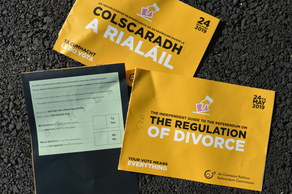 Leaflets relating to the divorce referendum are seen in Irish and English in Dublin, Ireland, on May 15, 2019. (Artur Widak—NurPhoto/Getty Images)