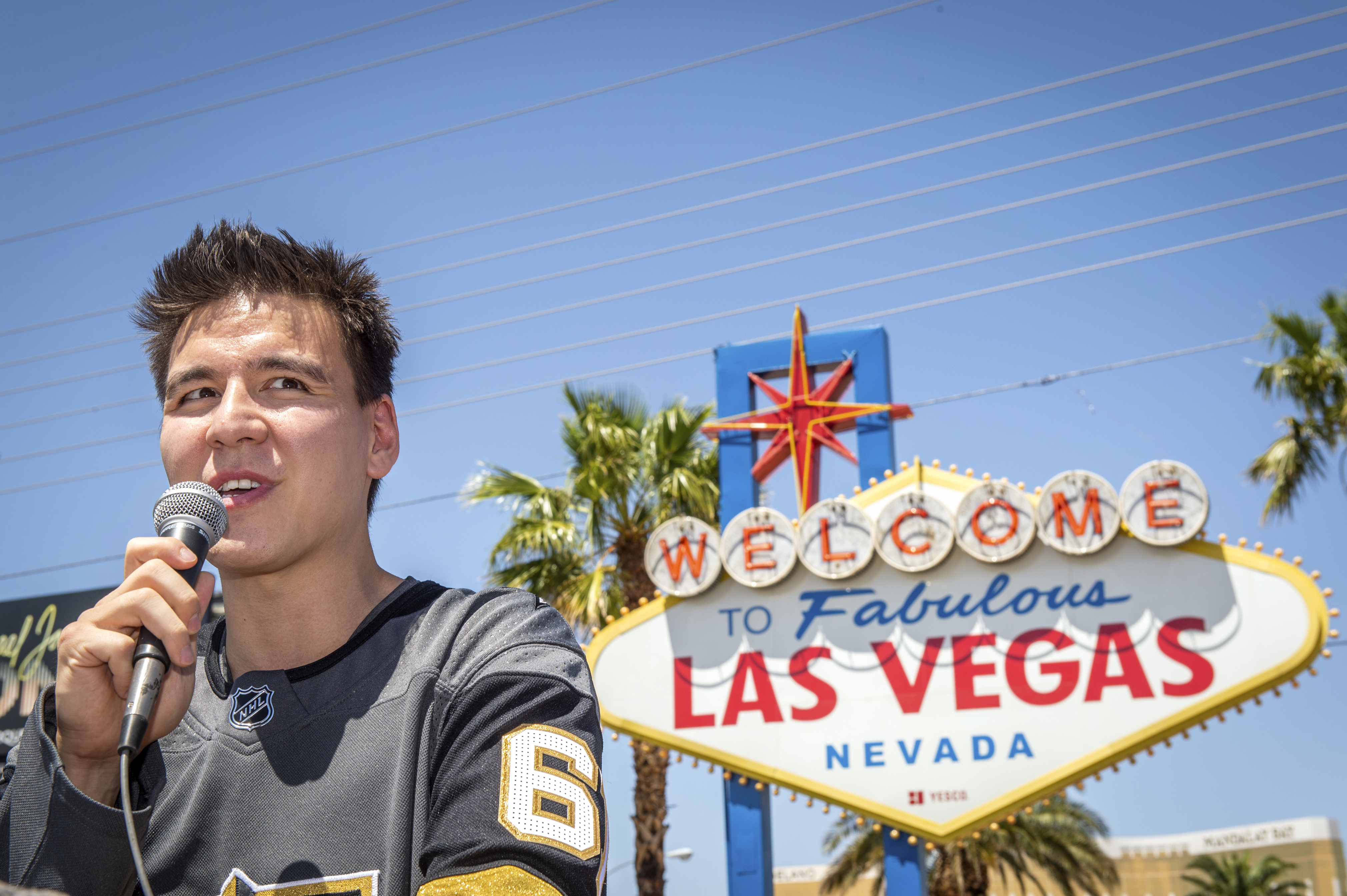 "Jeopardy!" sensation James Holzhauer speaks after being presented with a key to the Las Vegas Strip in front of the Welcome to Fabulous Las Vegas sign in Las Vegas, Thursday, May 2, 2019. Holzhauer winnings have hit $2 million. (Caroline Brehman—Las Vegas Review-Journal/AP)