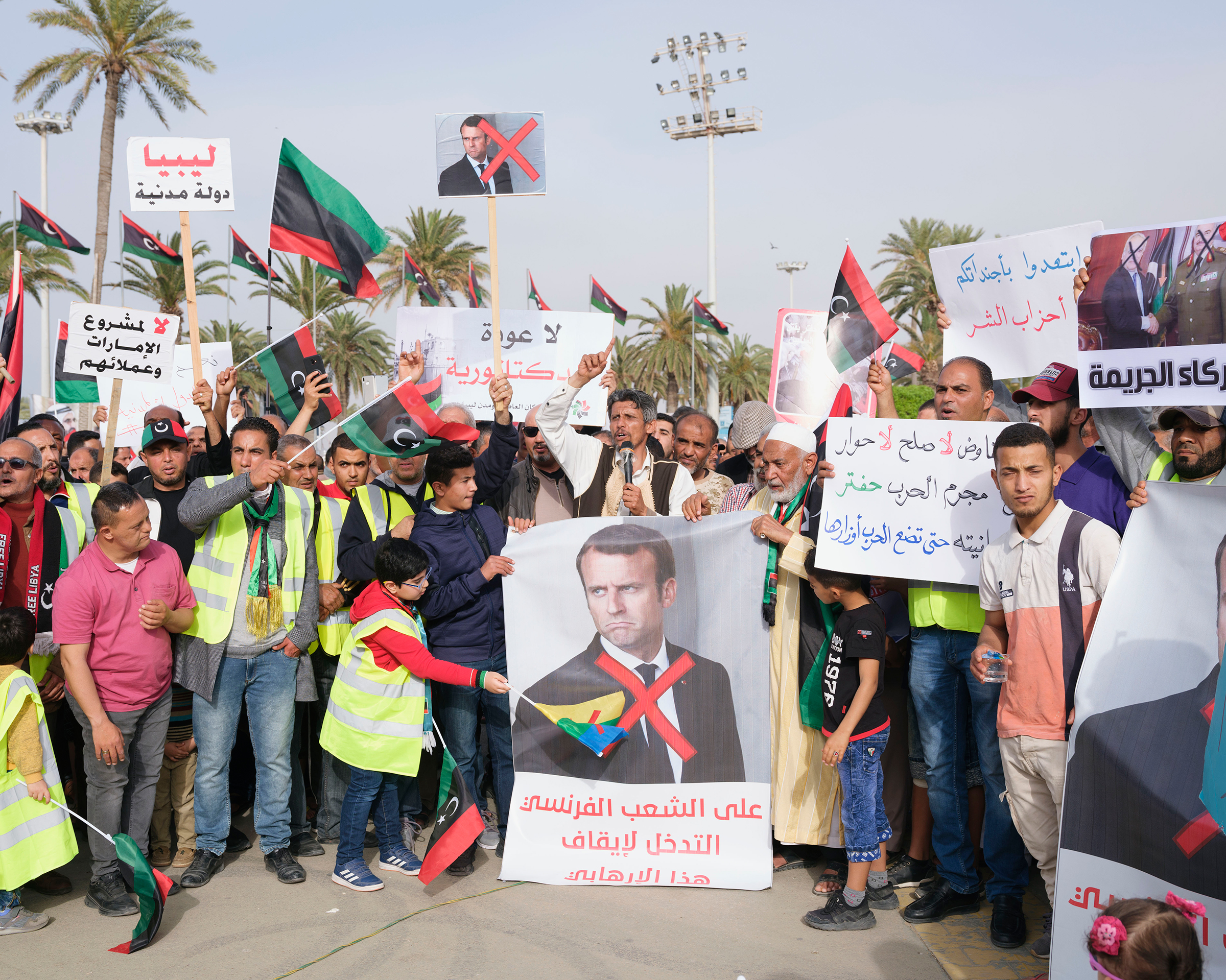 An anti-war demonstration, where protesters accused France of supporting Haftar, in Tripoli's Martyrs' Square in April. (Lorenzo Meloni—Magnum Photos)