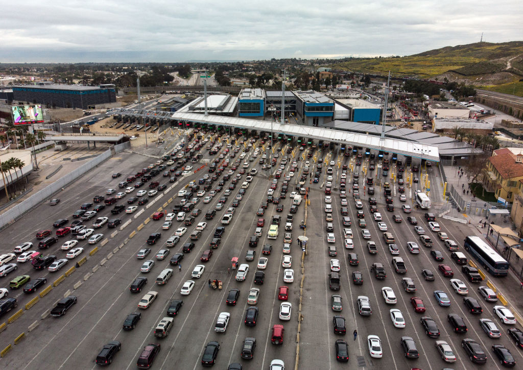 Cars line up at the San Ysidro crossing port to cross from Tijuana in Mexico to San Diego in the US on April 4, 2019. (GUILLERMO ARIAS&mdash;AFP/Getty Images)
