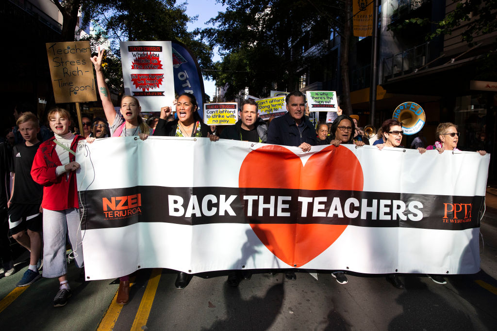 Teachers, parents and students march towards Parliament during a teachers strike in Wellington, New Zealand on May 29, 2019. (Hagen Hopkins—Getty Images)