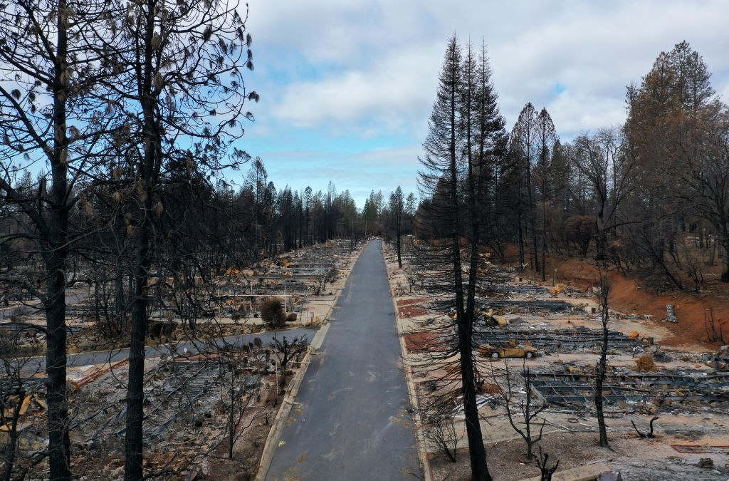 An aerial view of homes destroyed by the Camp Fire on February 11, 2019 in Paradise, California.