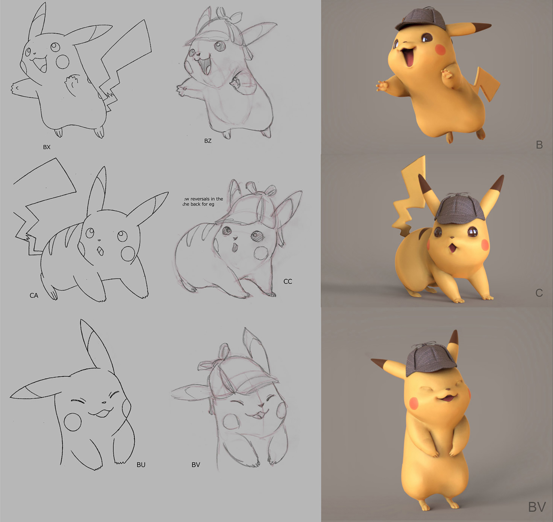 Progression sketch art of Pikachu (Courtesy of Warner Bros. Pictures)
