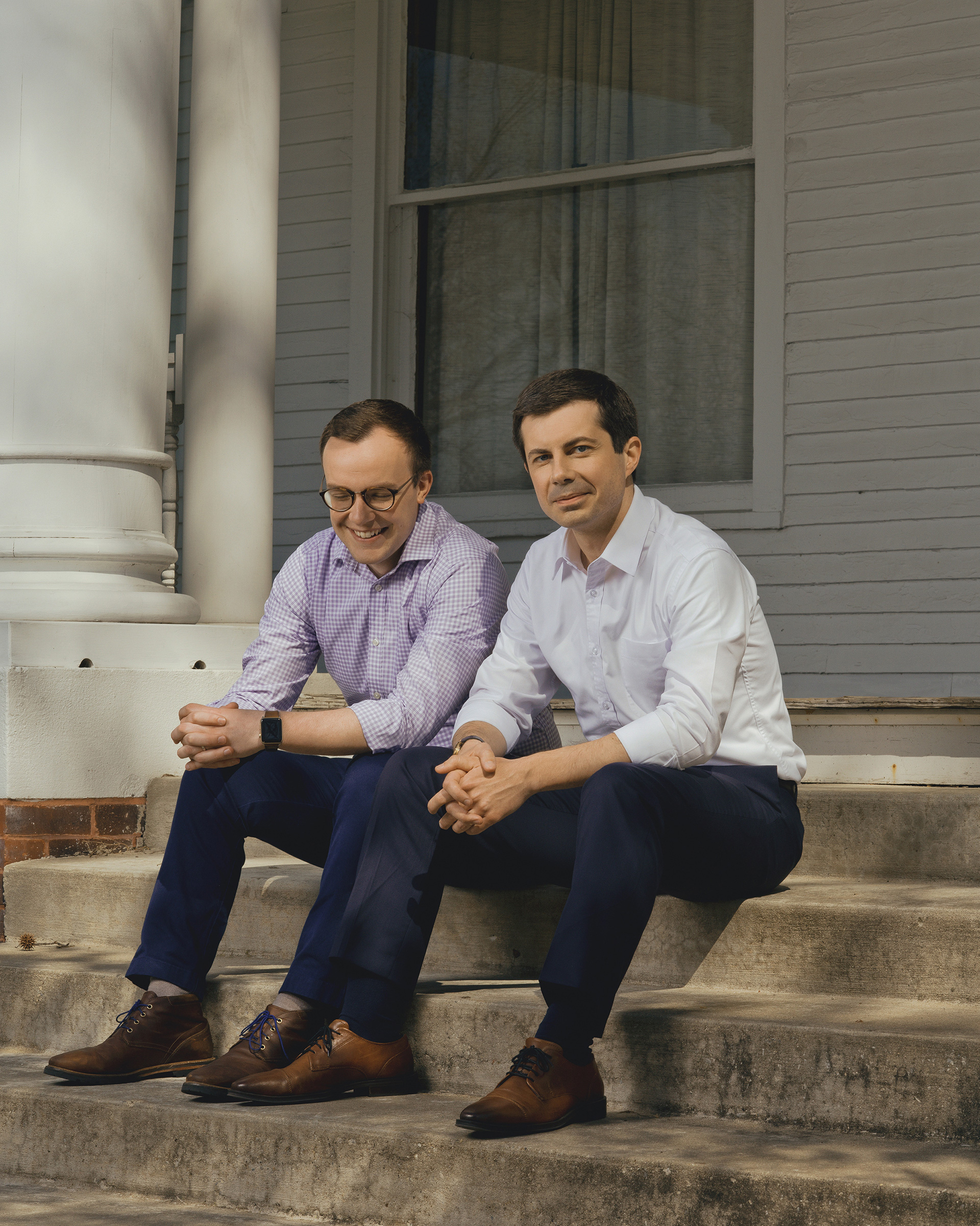 Chasten Glezman and Mayor Pete Buttigieg on the front steps of their home in South Bend, Ind. (Ryan Pfluger for TIME)