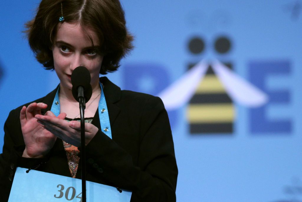 Colette Giezentanner of Saint Louis, Missouri, tries to spell the word 'oxyrhynch' during round five of the Scripps National Spelling Bee at the Gaylord National Resort &amp; Convention Center May 30, 2019 in National Harbor, Maryland. (Alex Wong&mdash;Getty Images)