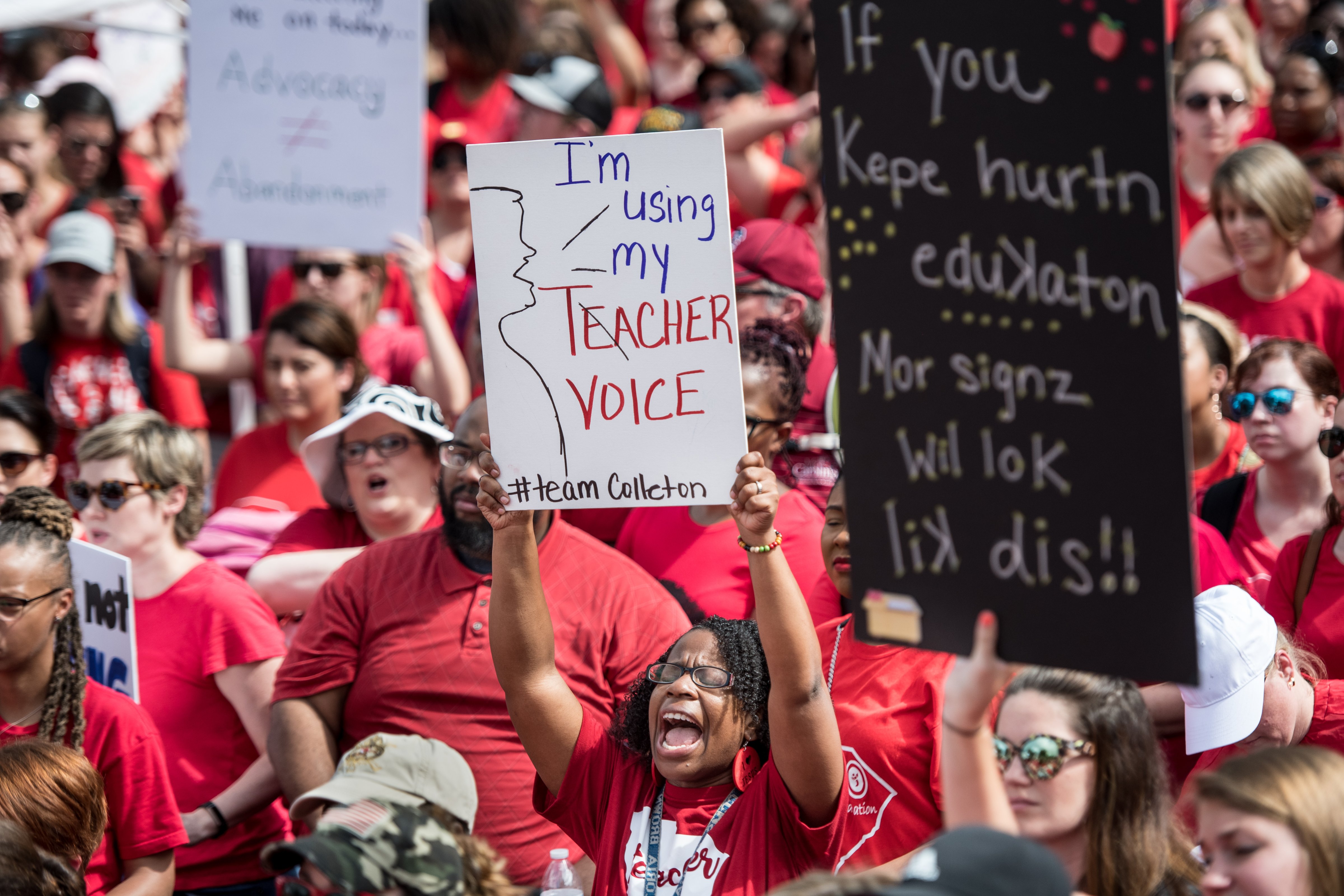 Colleton County Middle School math teacher Gloria Brown shouts at a rally with other educators and their supporters at the South Carolina State House on May 1, 2019 in Columbia, South Carolina. (Sean Rayford/Getty Images)