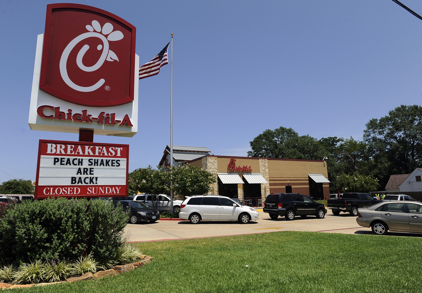 Cars circle around the local Chick-fil-A restaurant Wednesday, Aug. 1, 2012, in honor of Chick-fil-A Appreciation Day in Nacogdoches, Texas. (Andrew D. Brosig—AP)