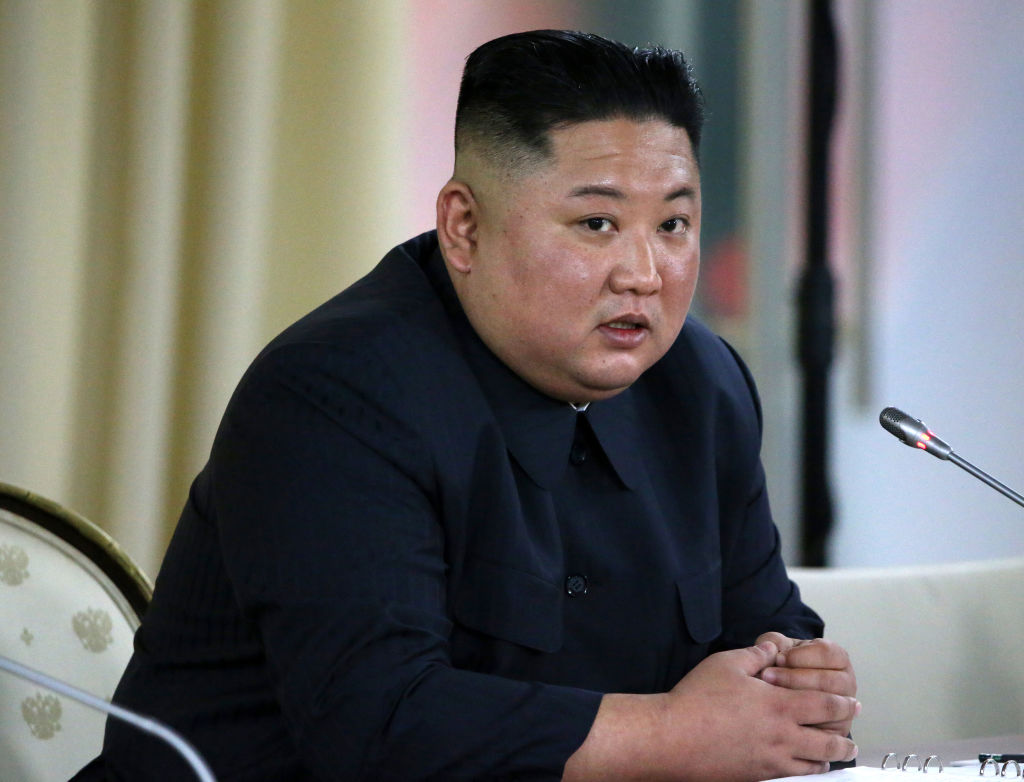 North Korean Leader Kim Jong-un speaks during the Russia - North Korea Summit on April 25, 2019 in Vladivostok, Russia. President Trump brushed off news of a weapons test by North Korea, saying leader Kim Jong Un “does not want to break his promise to me.” (Mikhail Svetlov—Getty Images)