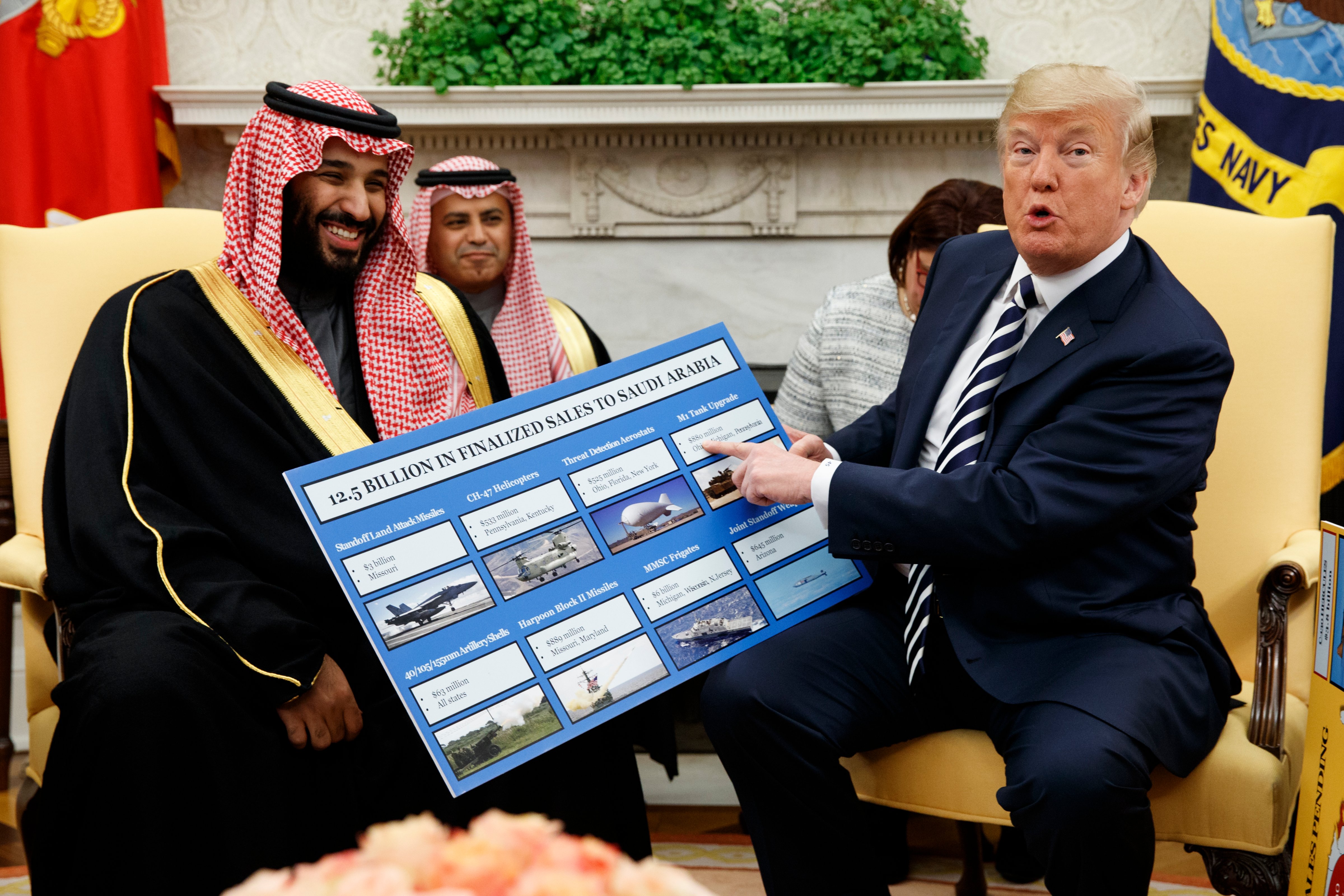 President Donald Trump shows a chart highlighting arms sales to Saudi Arabia during a meeting with Saudi Crown Prince Mohammed bin Salman in the Oval Office of the White House in Washington on  March 20, 2018. (Evan Vucci&mdash;AP)