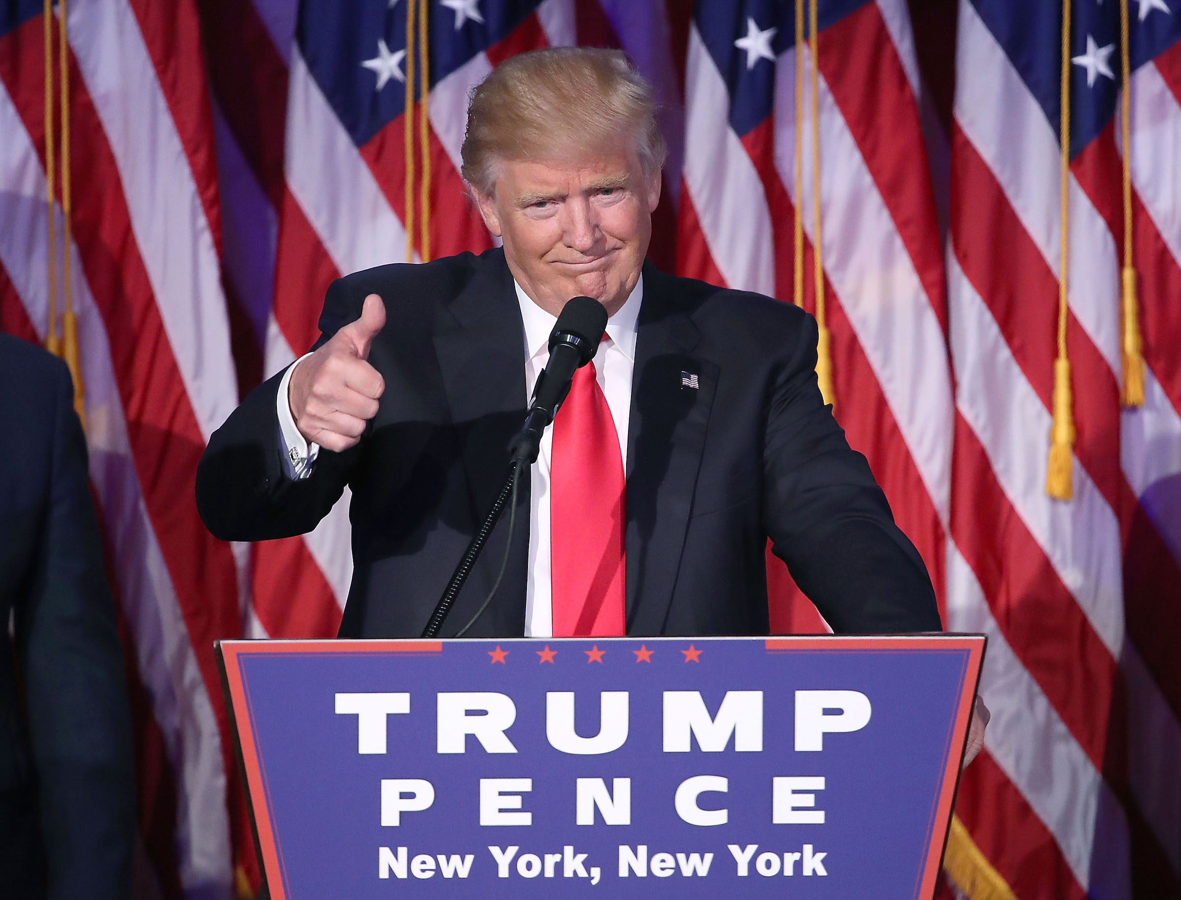 President-elect Donald Trump celebrates on election night on Nov. 8, 2016 in New York City. (Mark Wilson—Getty Images)