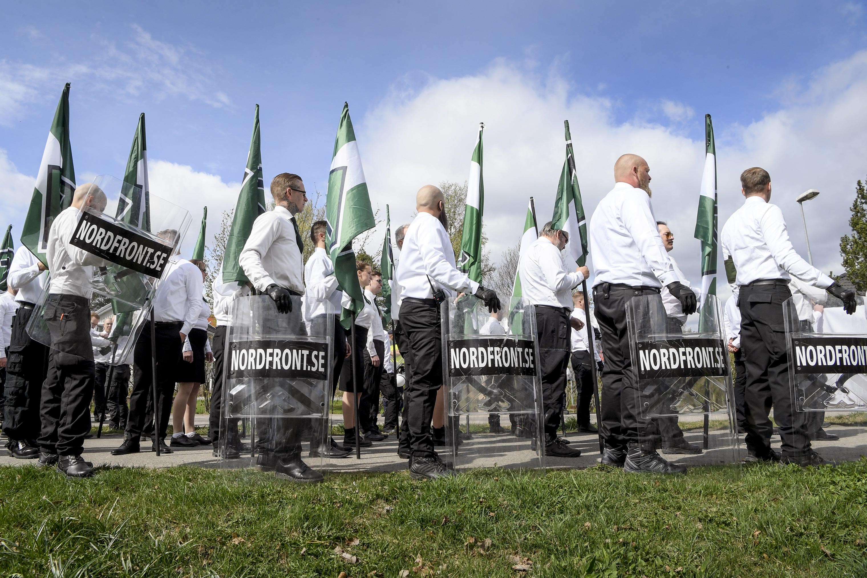 Members of the Nordic Resistance Movement gather for a march in Ludvika, Sweden, on May 1. (Ulf Palm—ZUMA)
