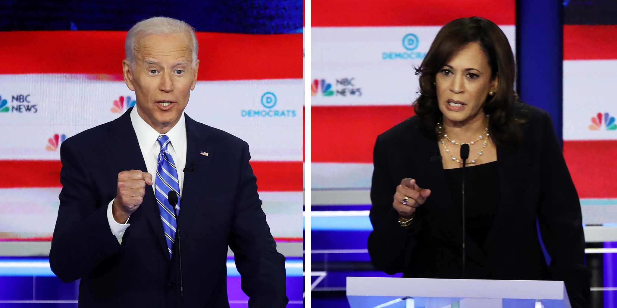 Former Vice President Joe Biden and California Sen. Kamala Harris participate during the second Democratic primary debate of the 2020 presidential campaign season hosted by NBC News at the Adrienne Arsht Center for the Performing Arts in Miami, Florida, June 27, 2019. (Saul Loeb—AFP/Getty Images)