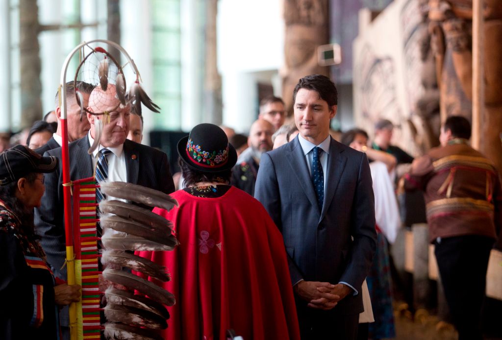 Prime Minister Justin Trudeau greets attendees at the closing ceremony marking the conclusion of the National Inquiry into Missing and Murdered Indigenous Women and Girls at the Museum of History in Gatineau, Quebec on June 3, 2019. (Andrew Meade&mdash;AFP/Getty Images)