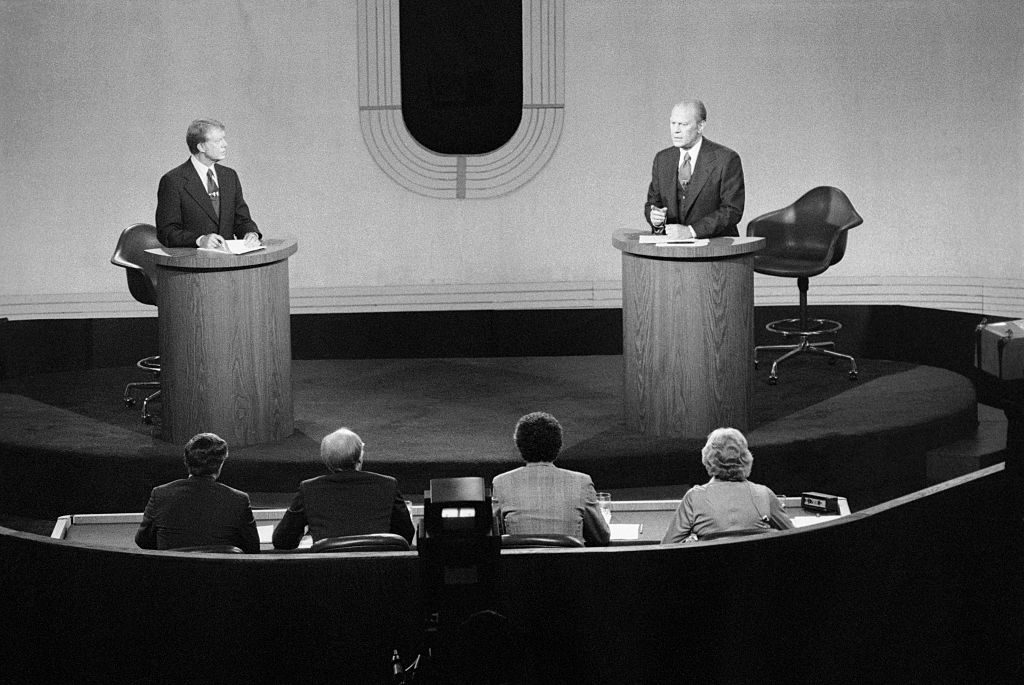 Democratic presidential nominee Jimmy Carter and President Gerald Ford, shown before panel during second debate at San Francisco's Palace of Fine Arts. (Bettmann—Bettmann Archive)