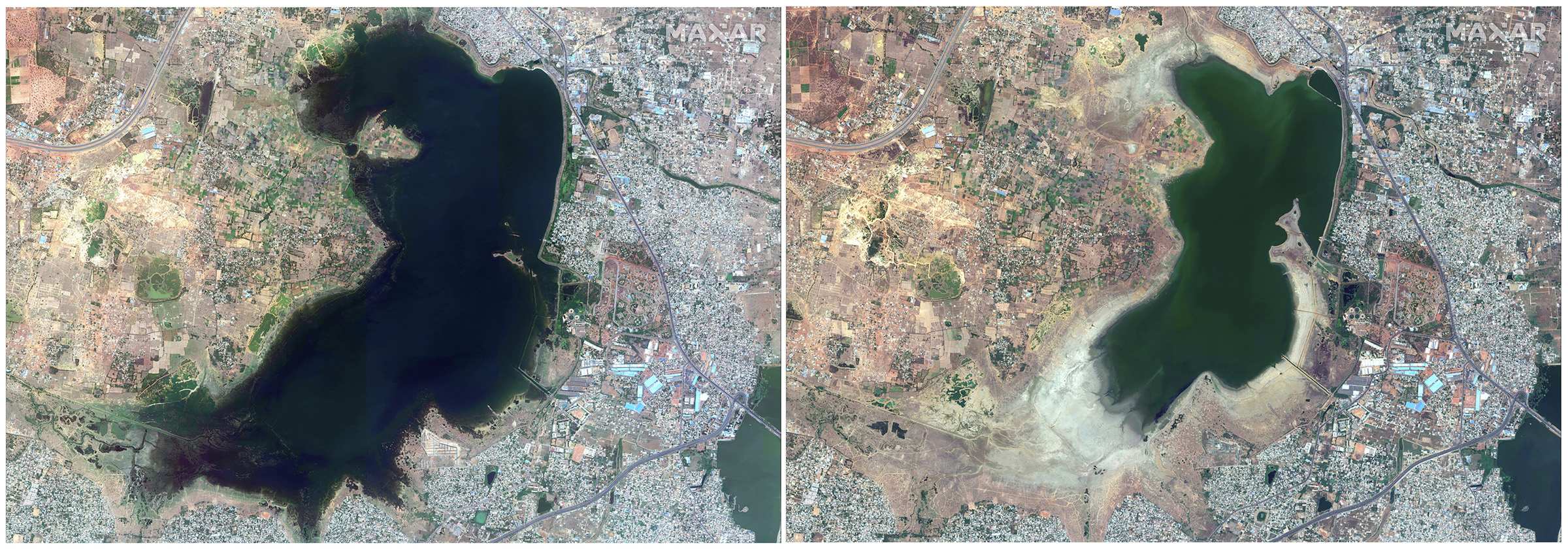 This combo of a June 15, 2018, satellite image (L) and April 6, 2019, satellite image (R) shows Puzhal reservoir in Chennai, India before and during the drought. (2019 Maxar Technologies via AP)