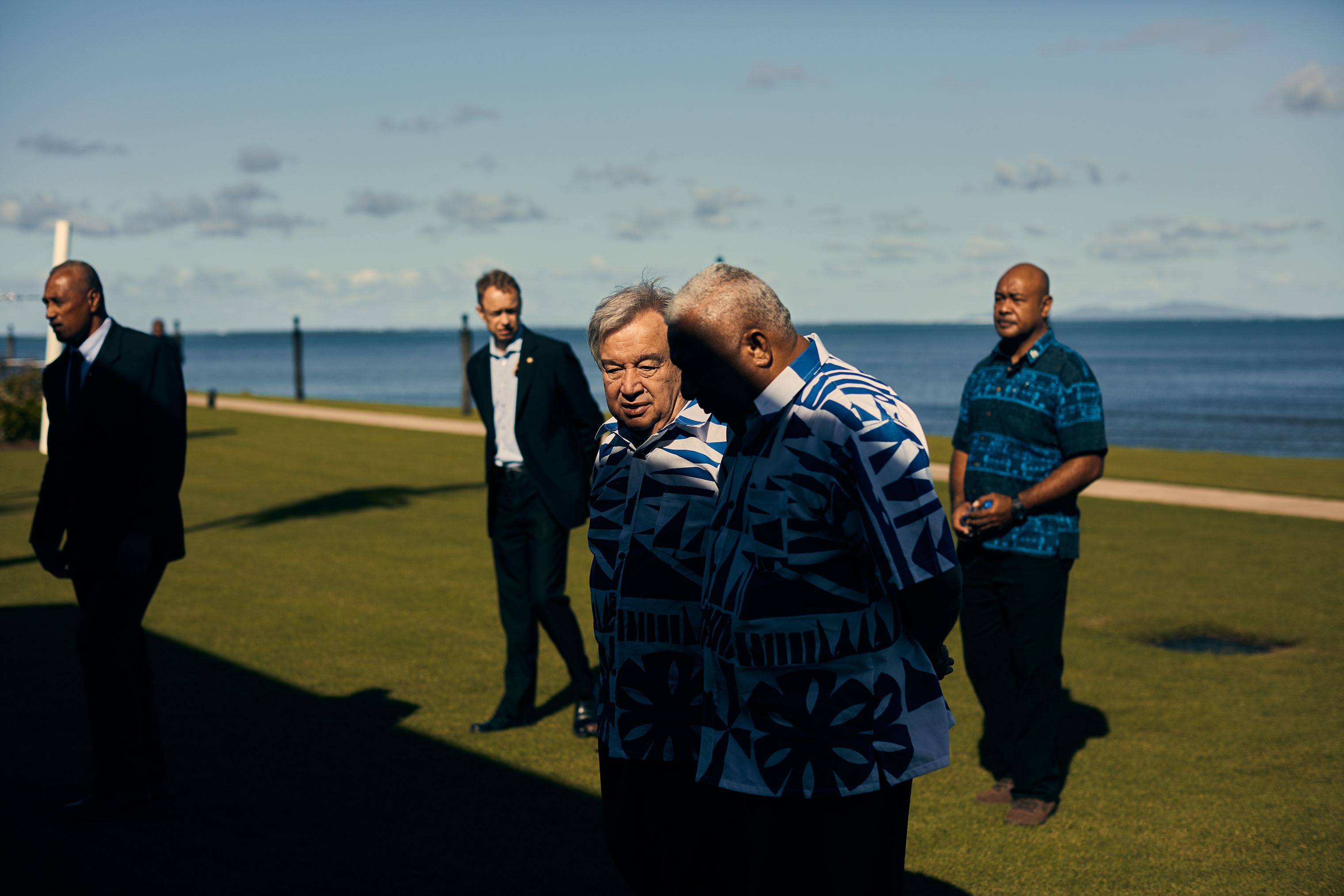 U.N. chief António Guterres chats with Fiji Prime Minister Frank Bainimarama in May. (Christopher Gregory for TIME)
