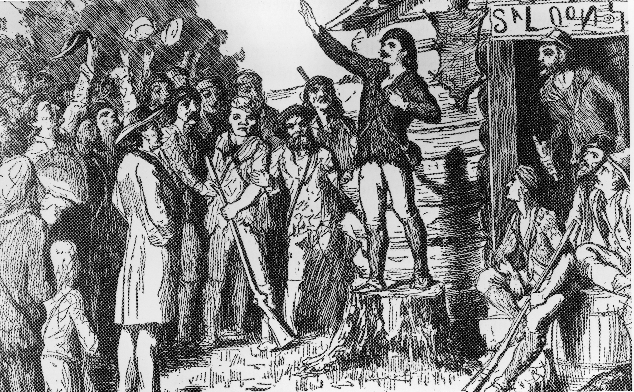 Illustration of Davy Crockett campaigning for the House of Representatives to a group of people, circa 1800s. (Fotosearch/Getty Images)