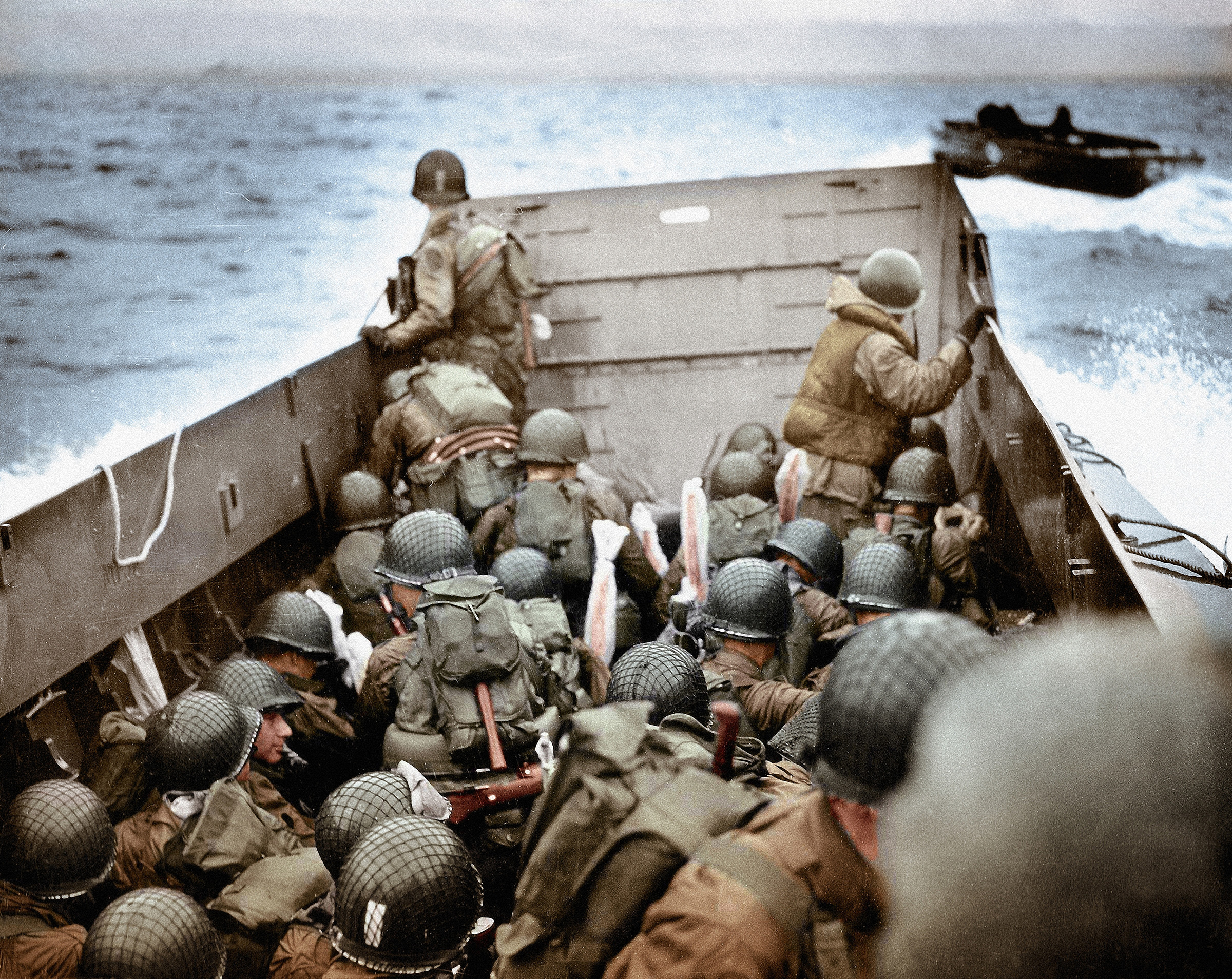 A Landing Craft, Vehicle, Personnel (LCVP) approaching Omaha Beach, Normandy, France, on June 6th 1944. These U.S. Army infantry men are amongst the first to attack the German defenses. (Galerie Bilderwelt—Getty Images)