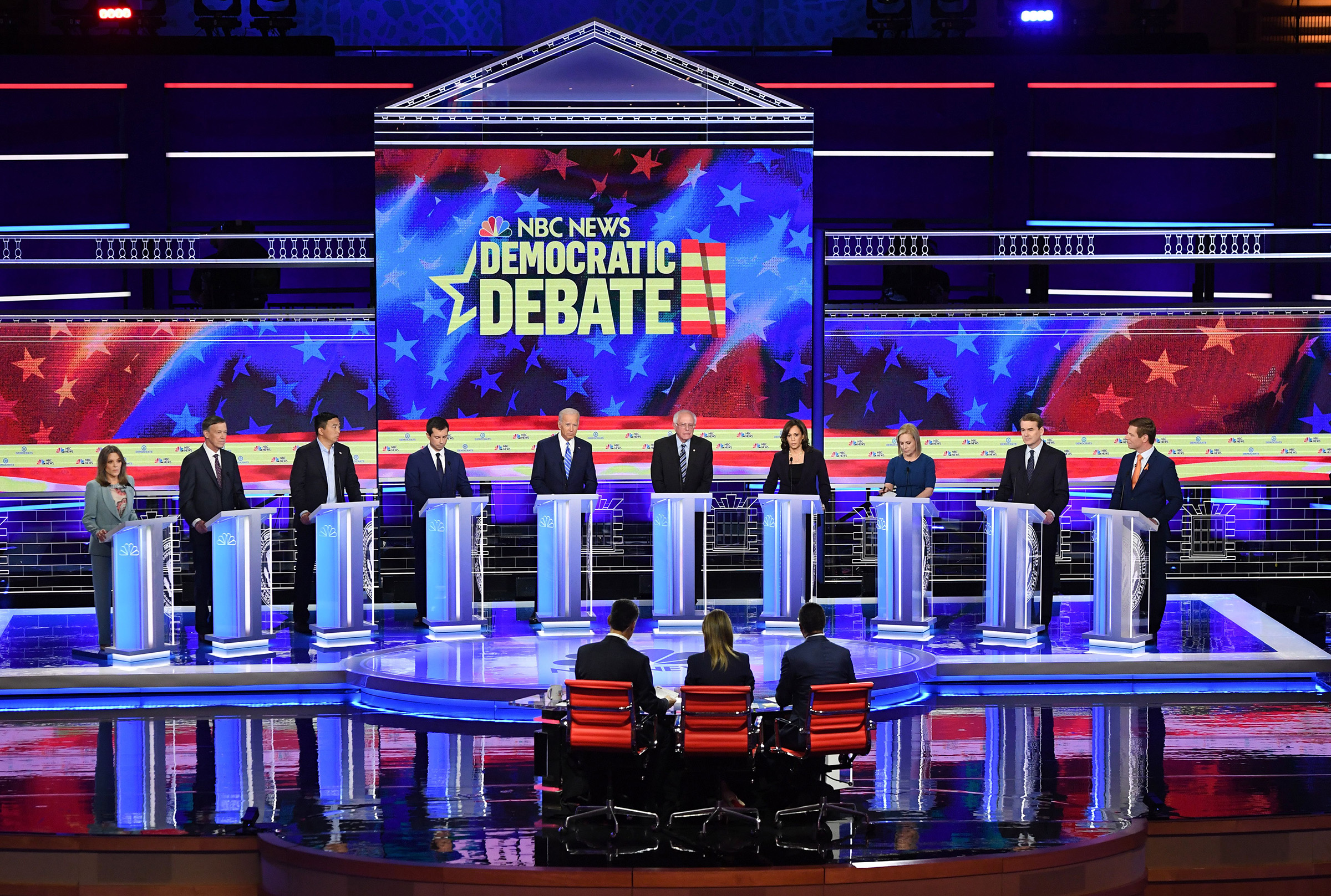 Democratic presidential hopefuls participate in the second Democratic primary debate of the 2020 presidential campaign season hosted by NBC News at the Adrienne Arsht Center for the Performing Arts in Miami, Florida, June 27, 2019. (Saul Loeb—AFP/Getty Images)