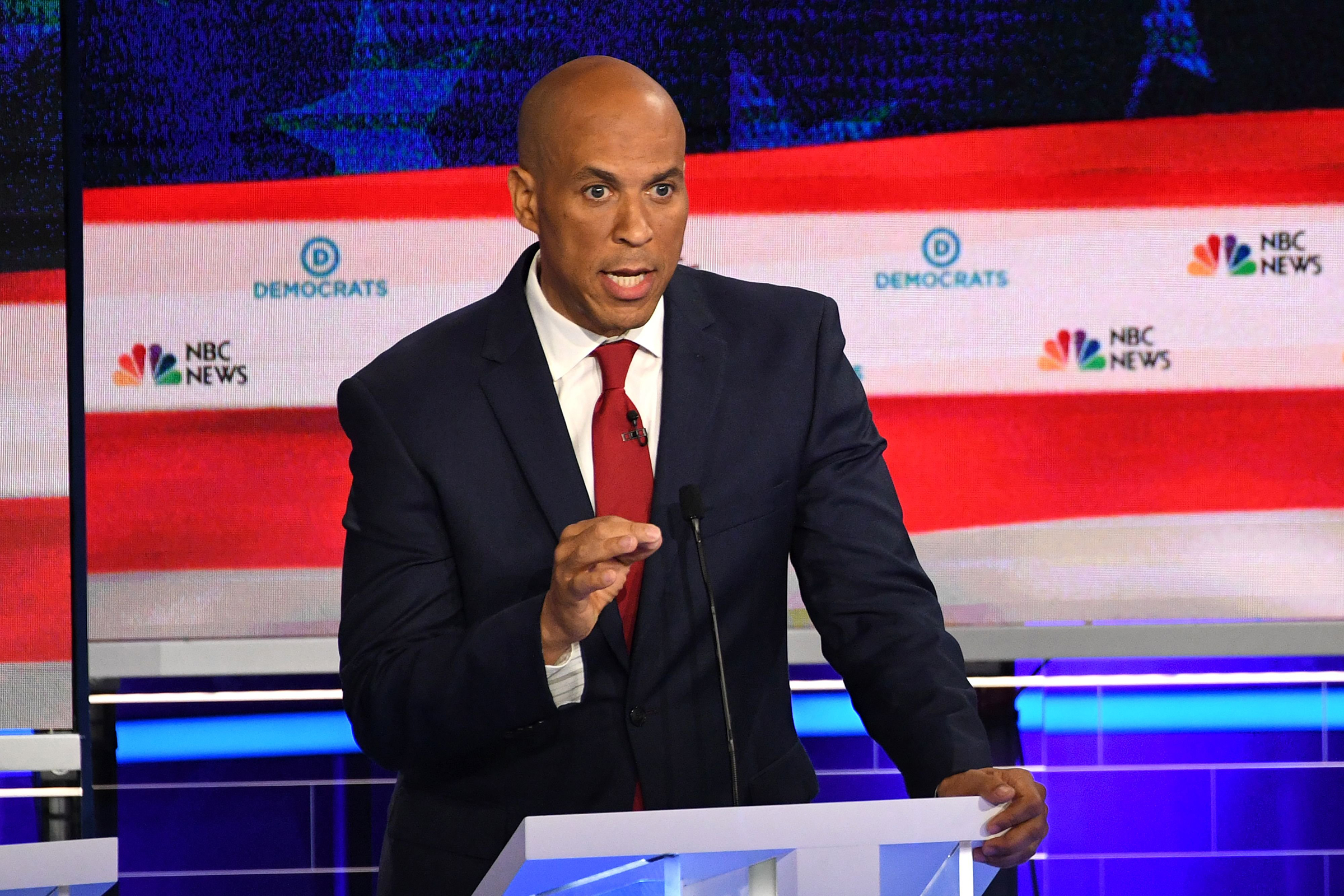 Democratic presidential hopeful US Senator from New Jersey Cory Booker participates in the first Democratic primary debate of the 2020 presidential campaign season hosted by NBC News at the Adrienne Arsht Center for the Performing Arts in Miami, Florida, June 26, 2019. (Jim Watson—AFP/Getty Images)