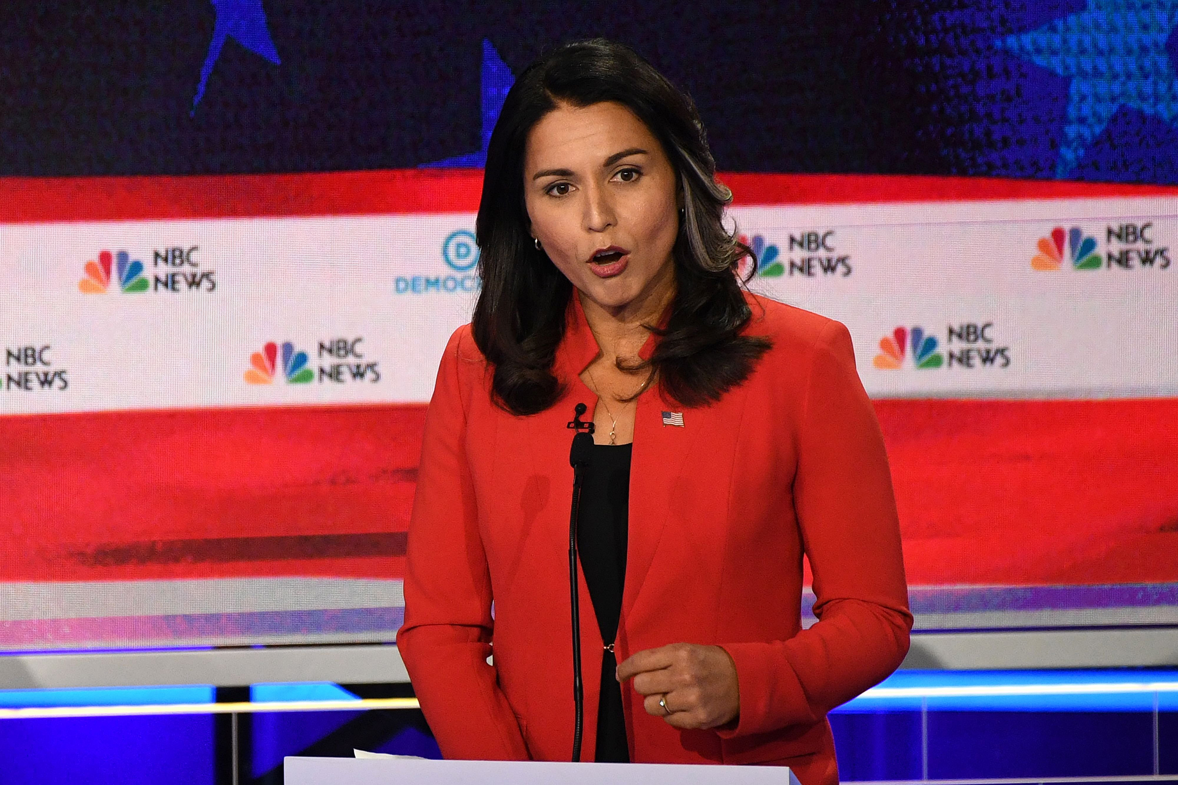 Democratic presidential hopeful US Representative for Hawaii's 2nd congressional district Tulsi Gabbard speaks during the first Democratic primary debate of the 2020 presidential campaign season hosted by NBC News at the Adrienne Arsht Center for the Performing Arts in Miami, Florida, June 26, 2019. (Jim Watson—AFP/Getty Images)